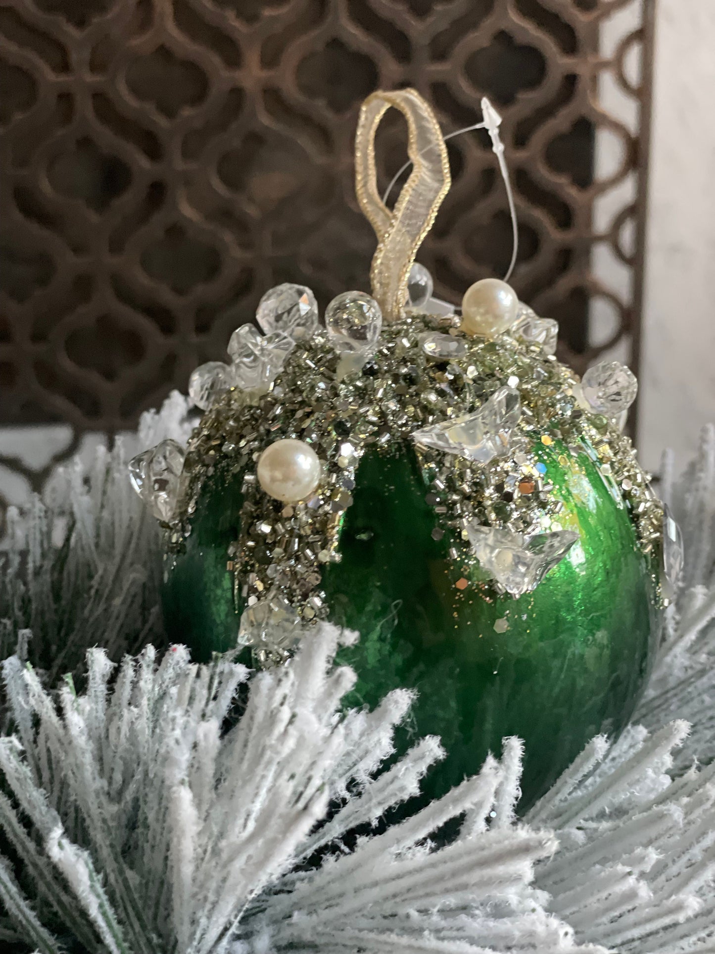 5” Dazzling bejeweled ball, ornament, emerald.