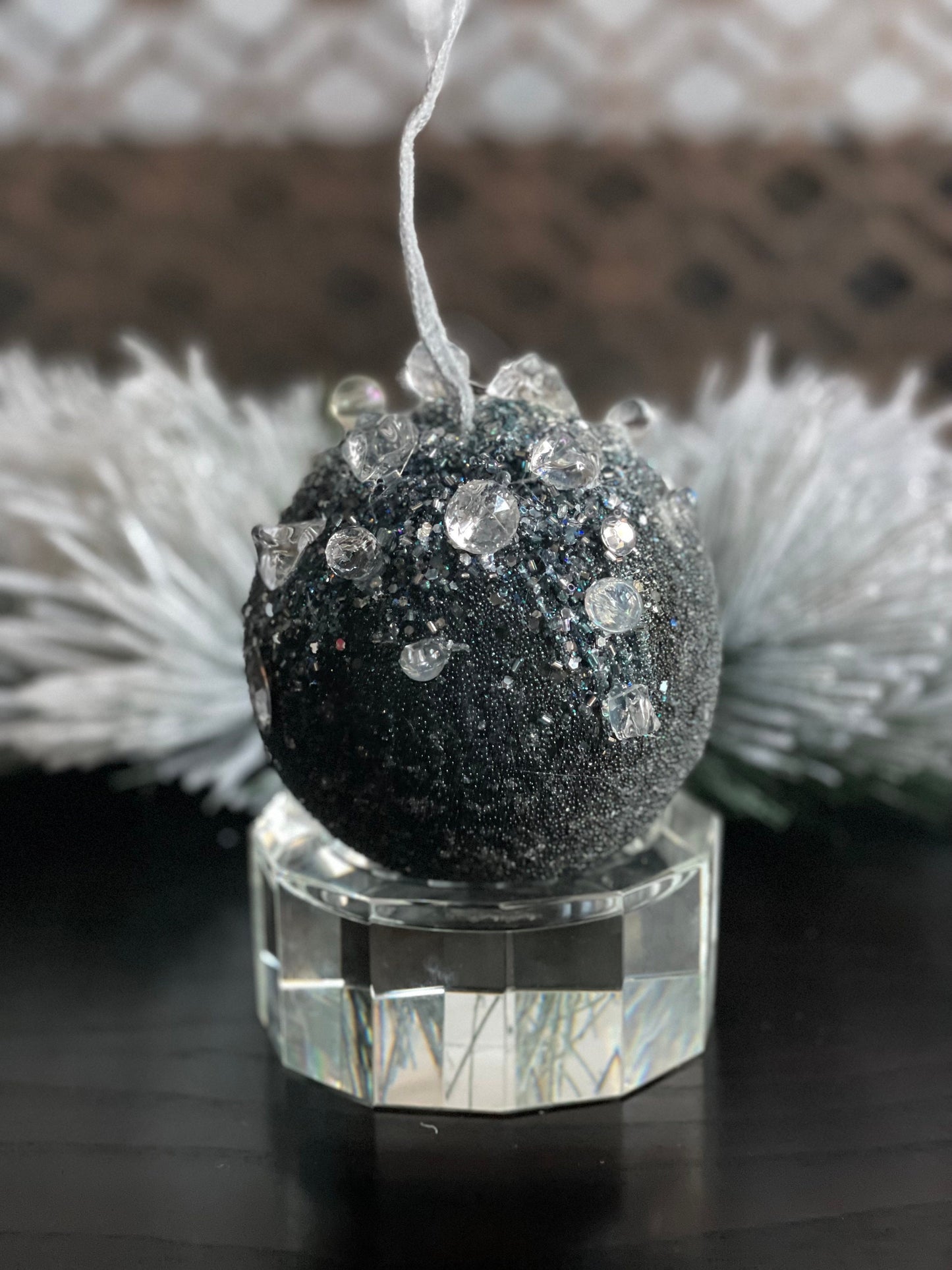 5” beaded bejeweled ball ornament, steel blue.