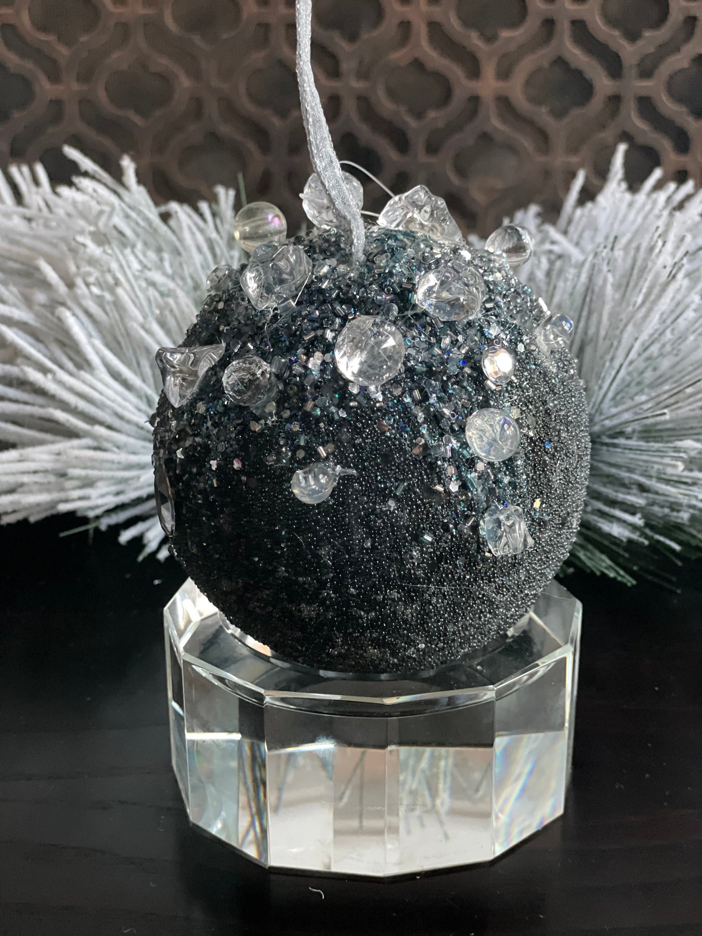 5” beaded bejeweled ball ornament, steel blue.