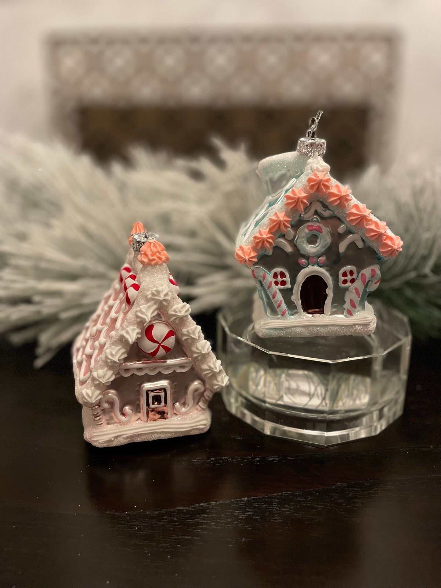 Set of 2. 5" glass sweets house ornament. One pink and one blue.