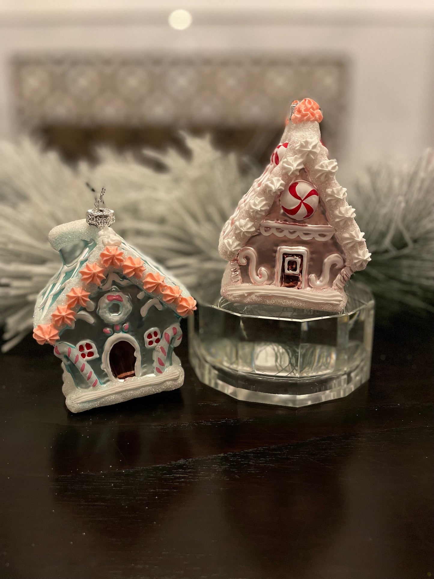 Set of 2. 5" glass sweets house ornament. One pink and one blue.