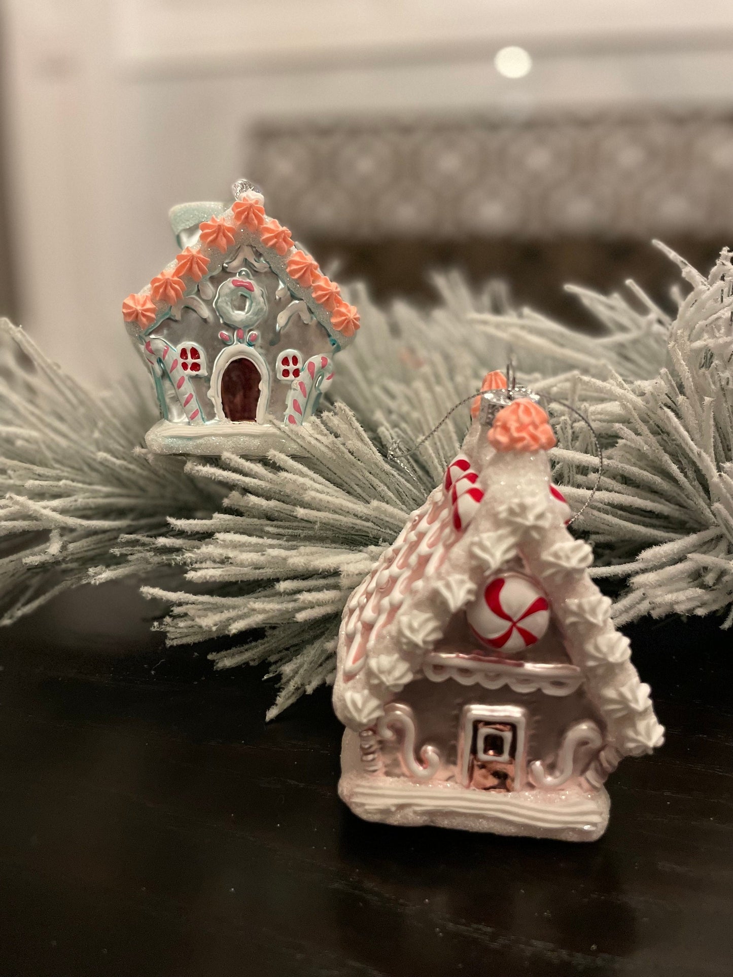 Set of 2. 5" glass sweets house ornament. One pink and one blue.