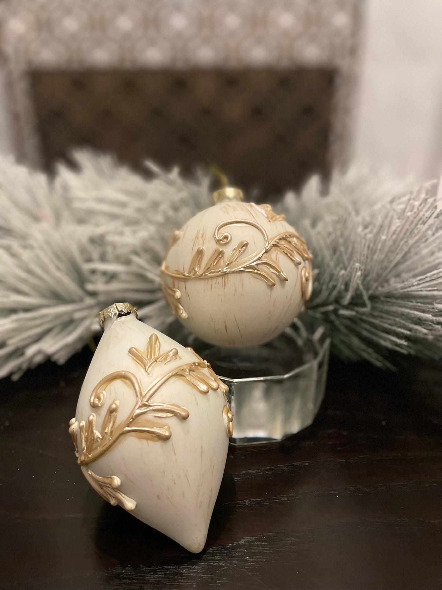 Set of 2. 4”-5” glass and resin acanthus ball and finial ornament.