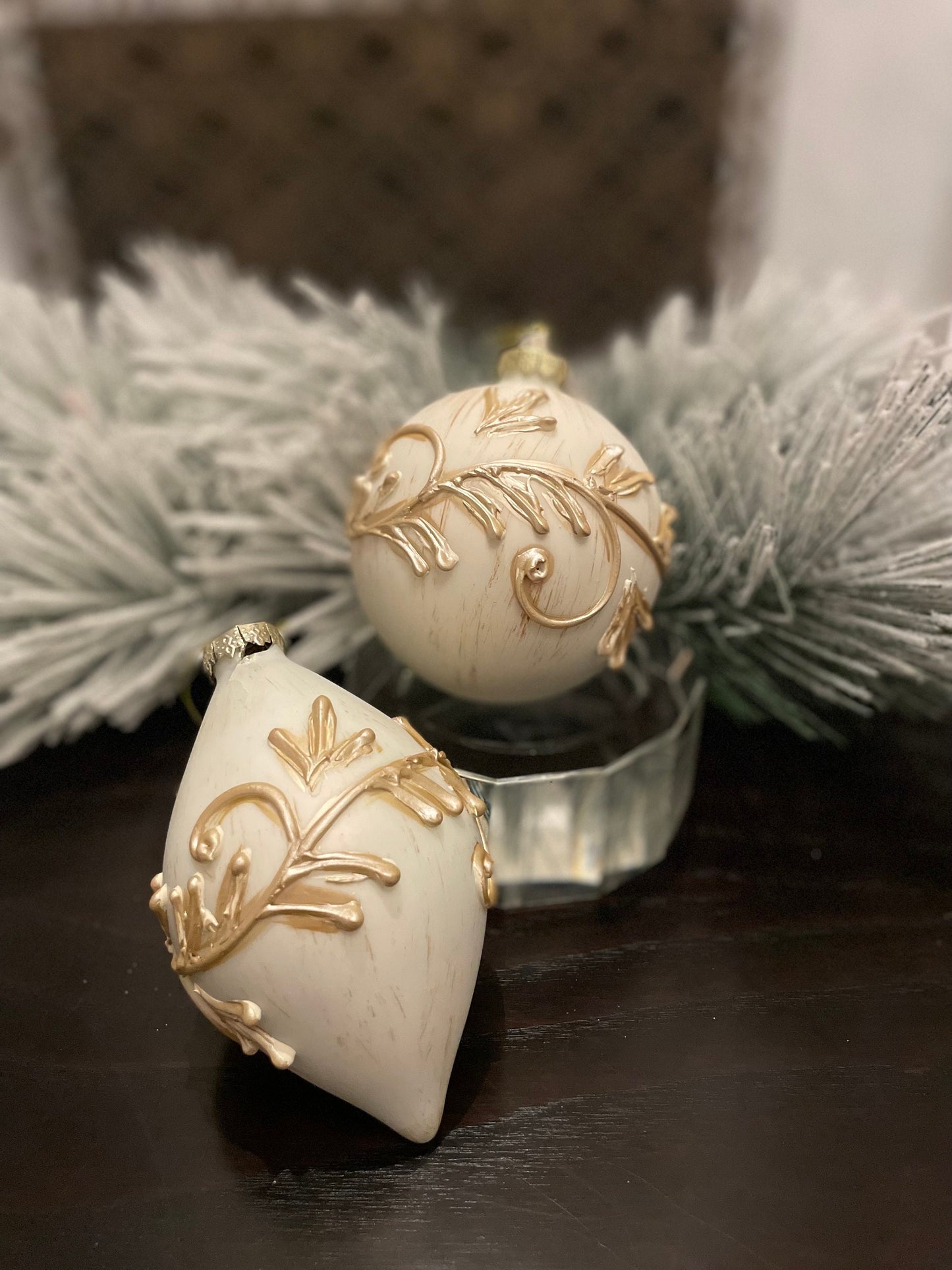 Set of 2. 4”-5” glass and resin acanthus ball and finial ornament.