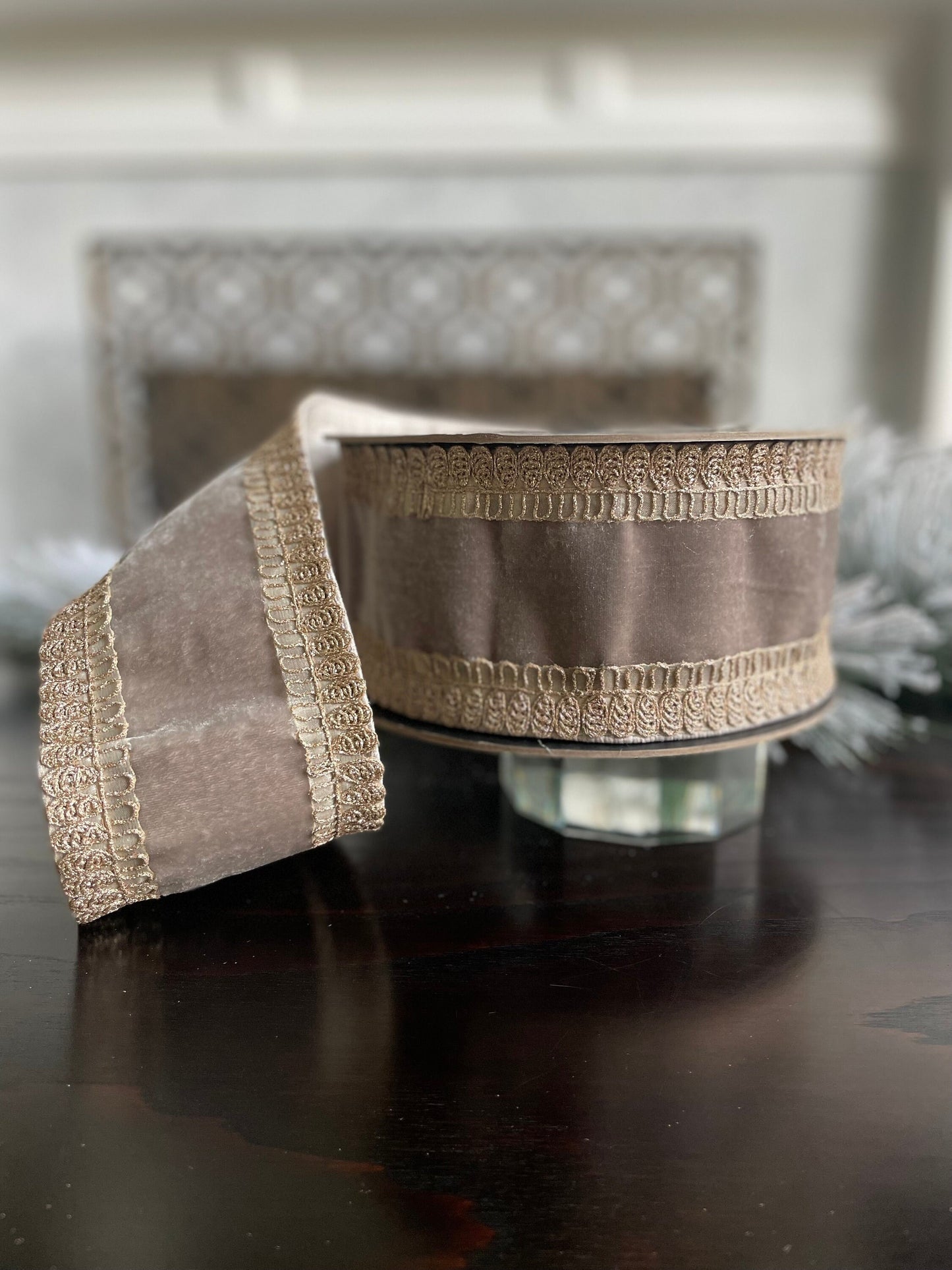 4” x 10 yds Designer velvet ribbon metallic rope embroidery side trim, platinum. Wired. D. Stevens.