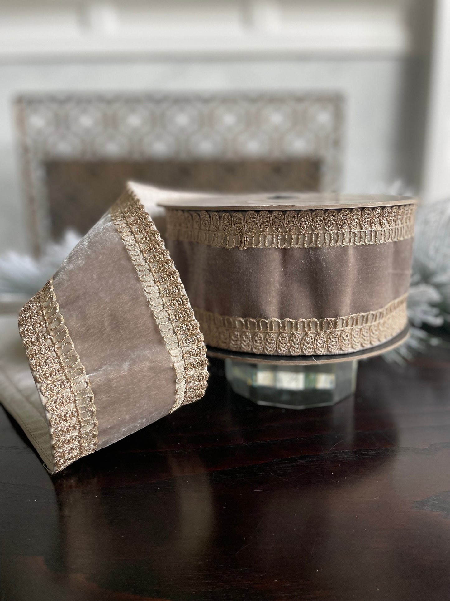 4” x 10 yds Designer velvet ribbon metallic rope embroidery side trim, platinum. Wired. D. Stevens.