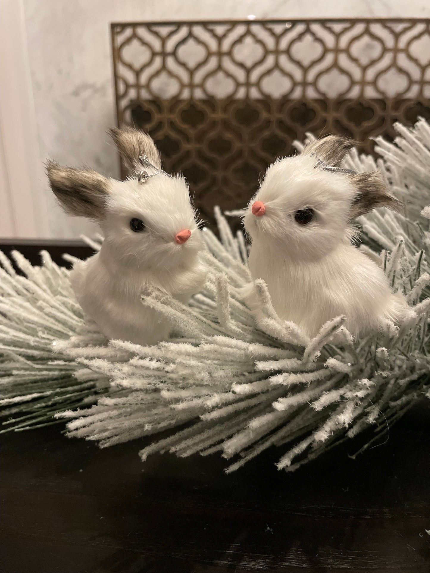 Set of 2. 3” furry rabbit ornament. Forest animal.