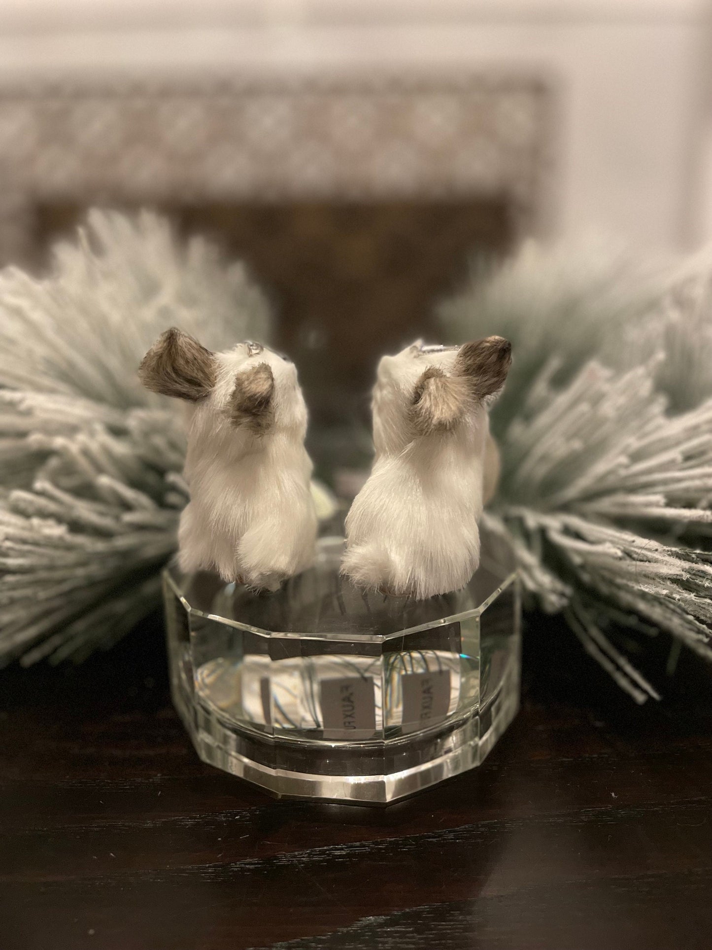Set of 2. 3” furry rabbit ornament. Forest animal.