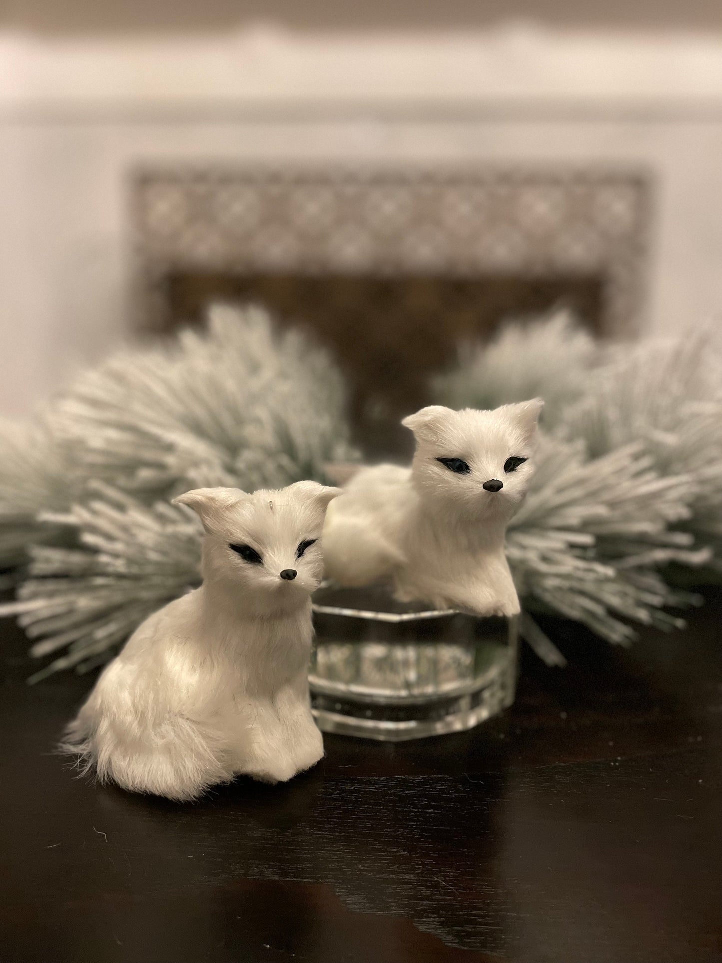 Set of 2. 4” furry fox ornament. Forest animal.