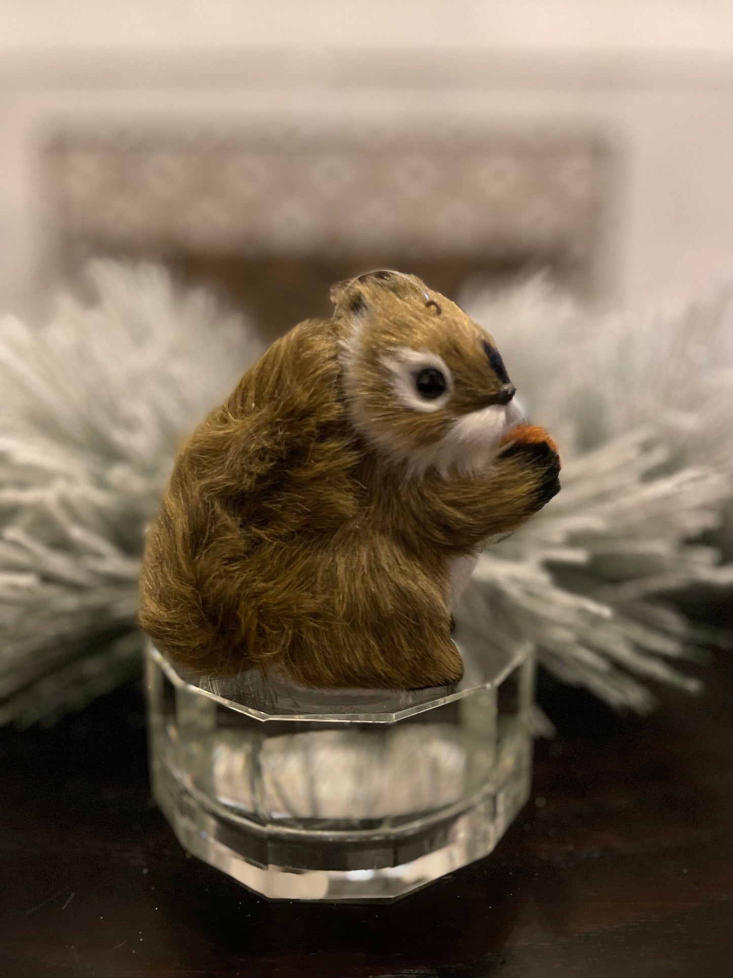 Set of 2. 4.5” furry squirrel ornament. Forest animal.