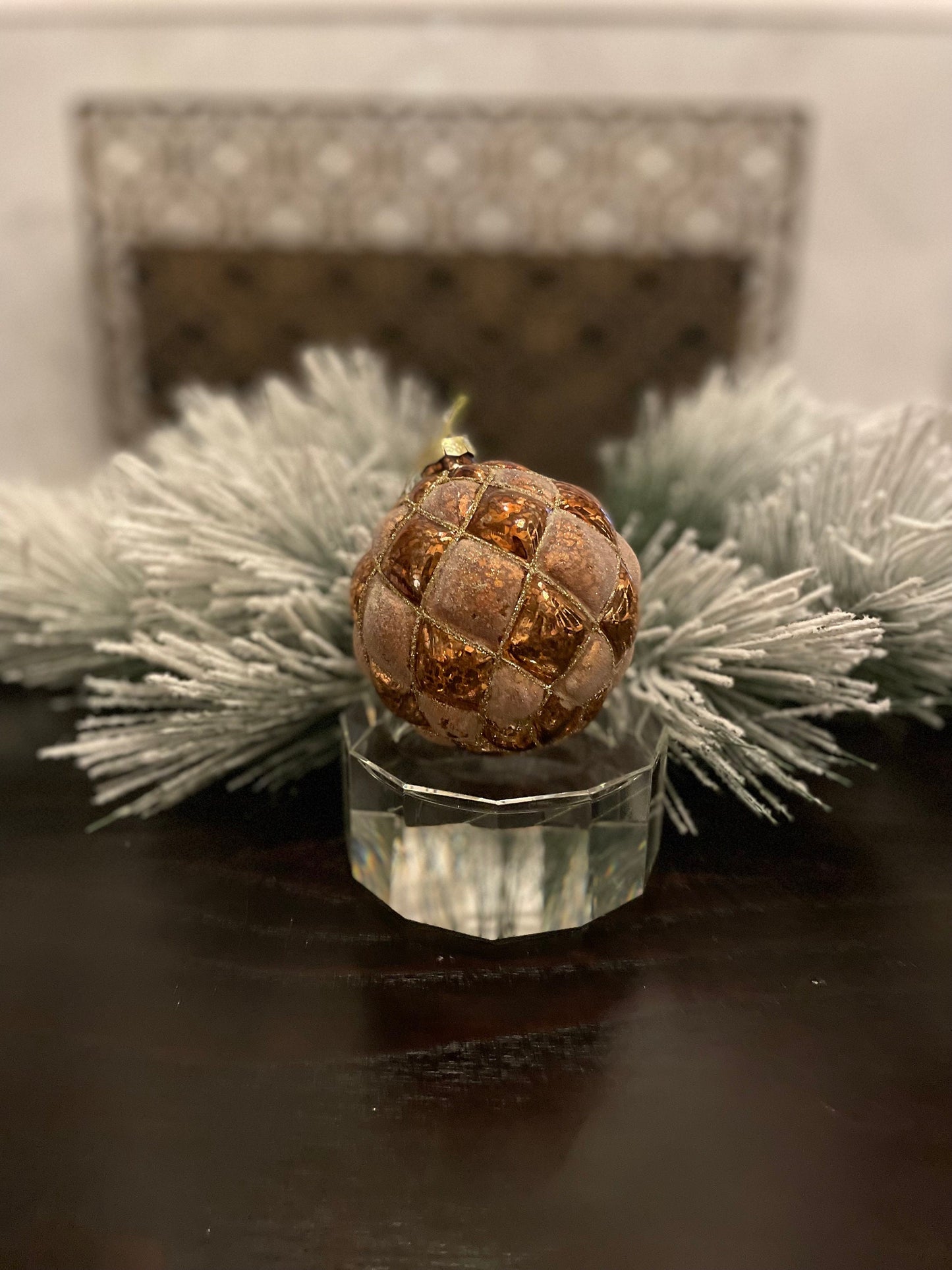 Set of 2. 4" glass tufted ball ornament. Cooper/brown.