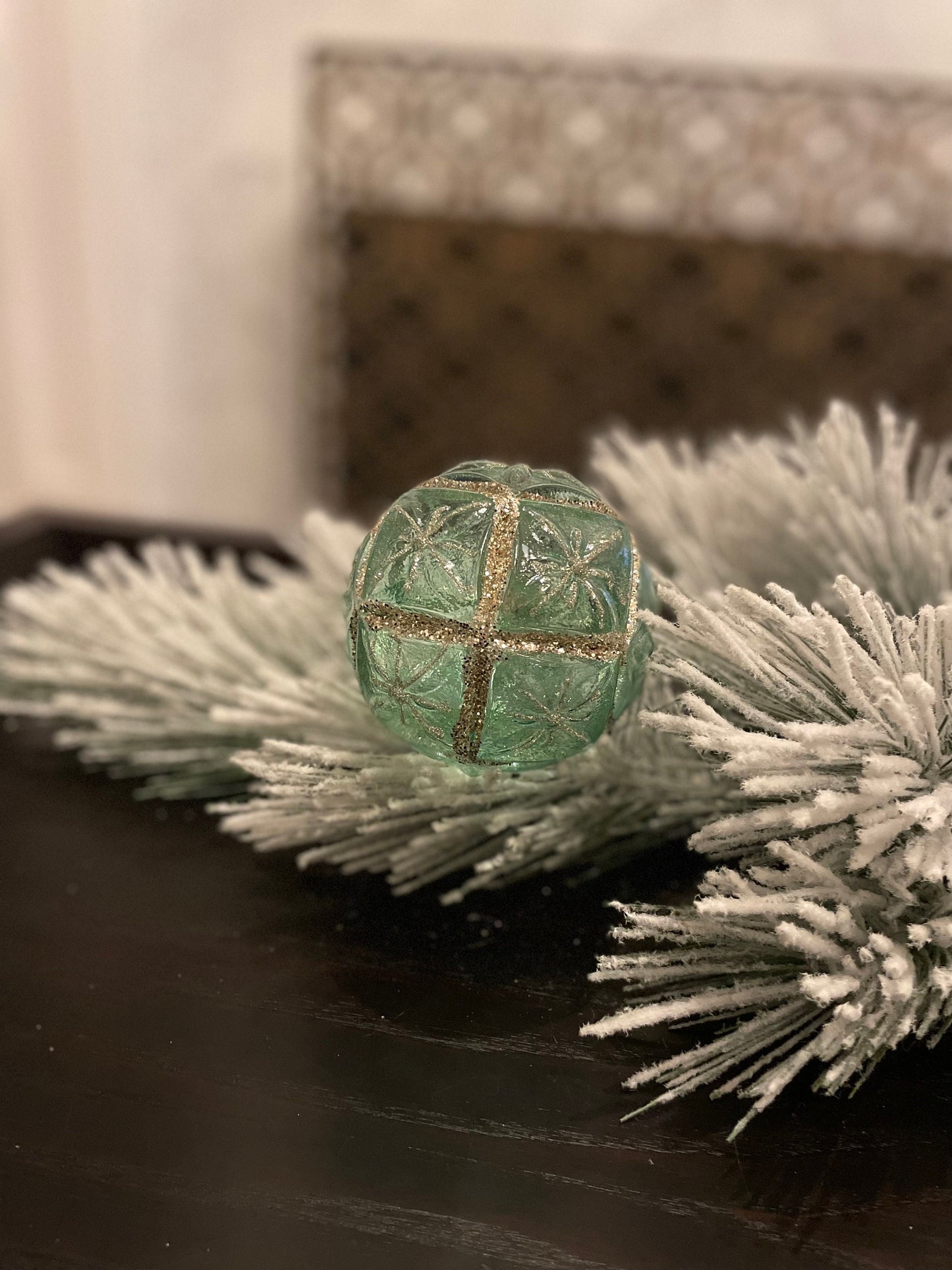 Set of 2. 4" glass clear starburst. Aqua and gold.
