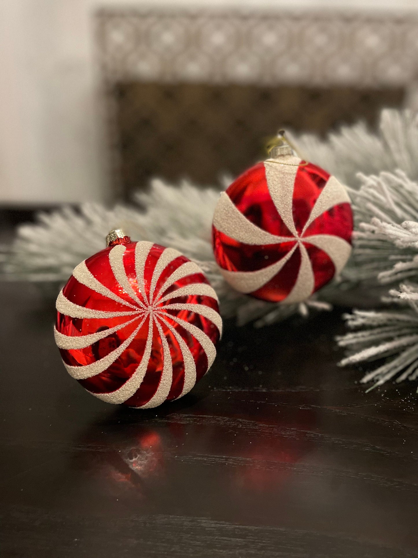 Set of 2. 4" glass peppermint candy disk ornament. Red