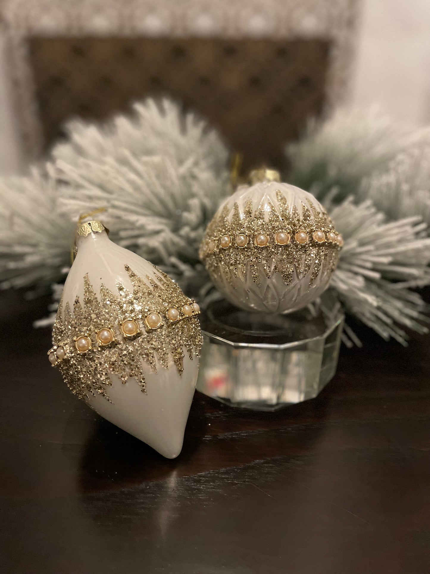 Set of 2. 4”-6" Glass beaded pearl ball/finial ornament. Set of 2. Ivory and gold.