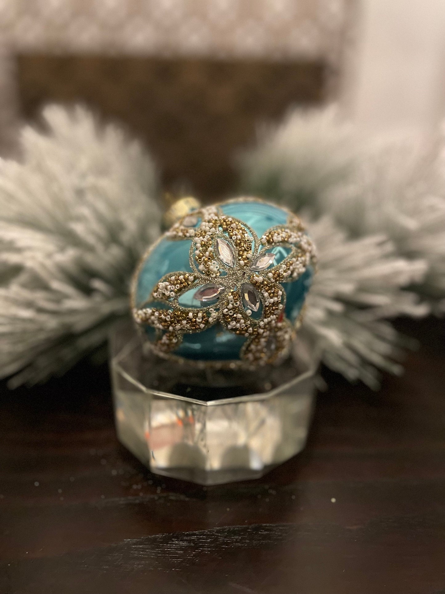 Set of 2. 4” glass beaded jewel trinity onion ornament. Aqua and silver.