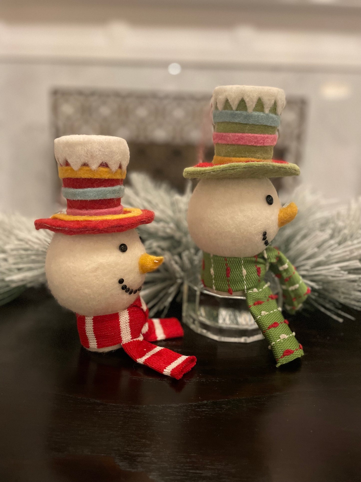 Set of 2. 8”x 4” Sweet snowman head ornament. Multi color.