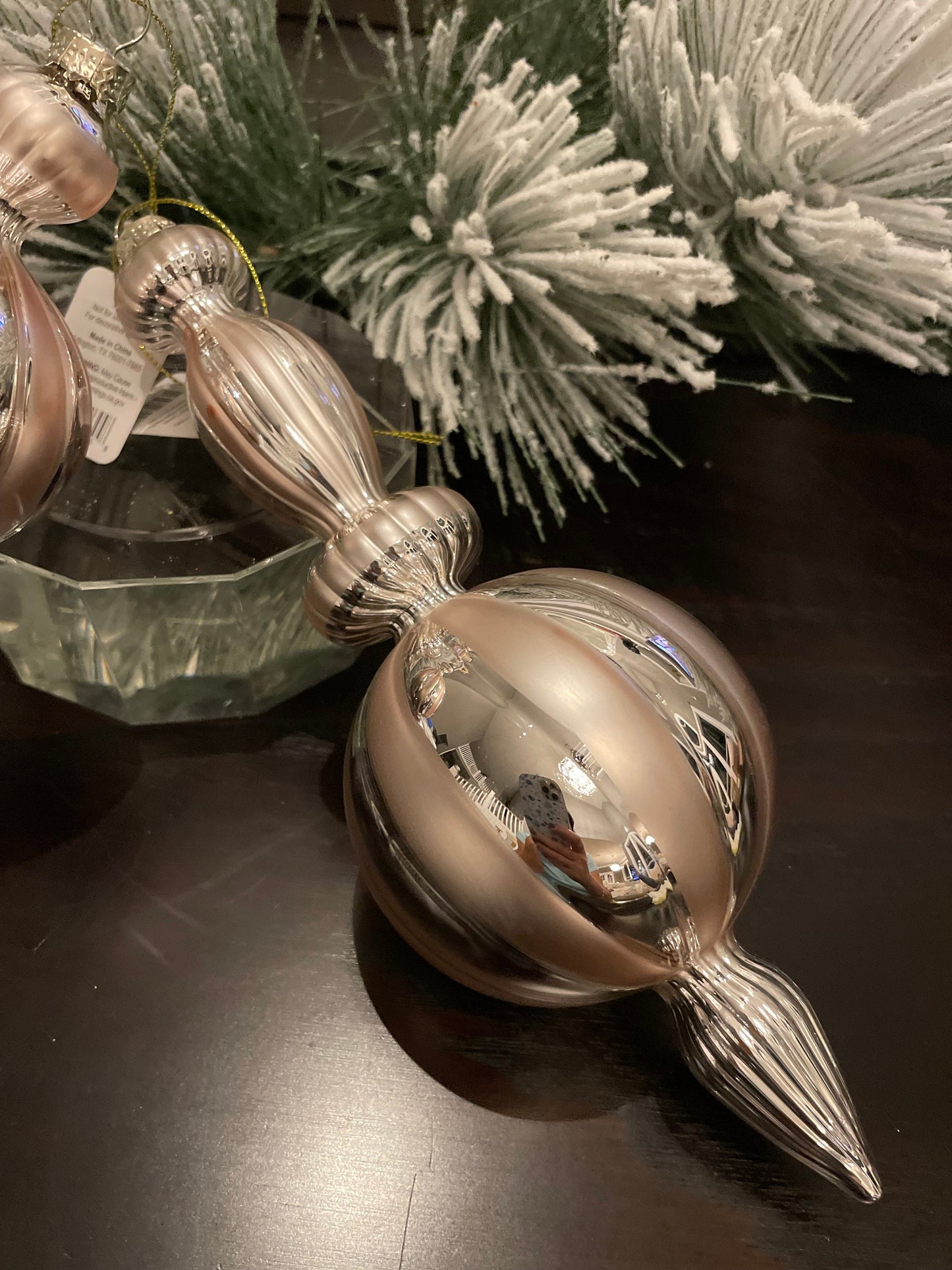 Set of 2. 9.5" Glass finial ornament. Soft gold and silver.