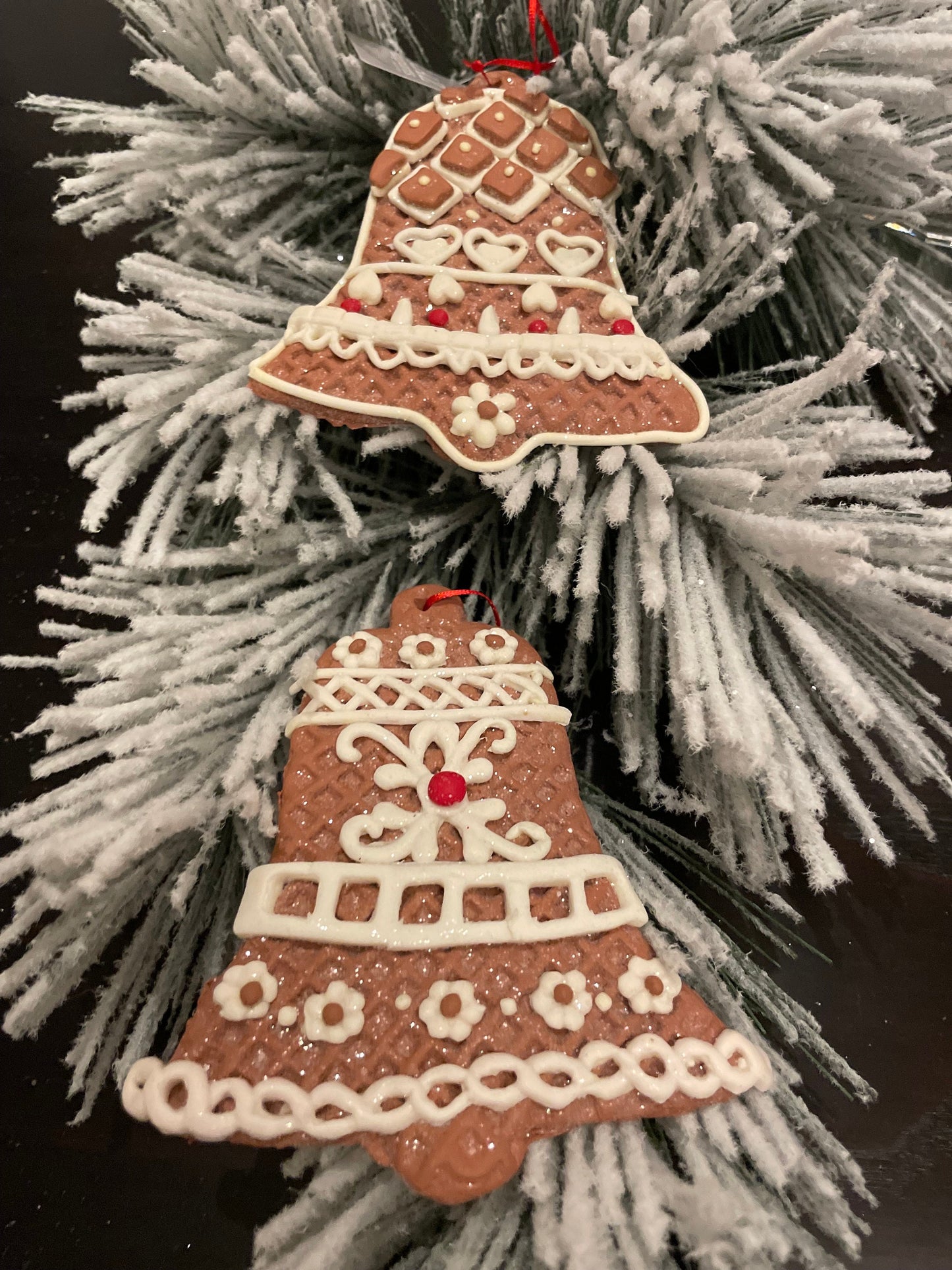 SET of 2. 4" Frosty Gingerbread bell ornament.