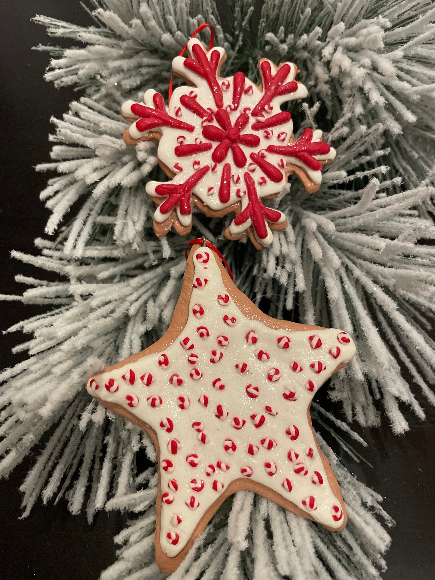 SET of 2. 4.5" Frosty Gingerbread snowflake and Star ornament.