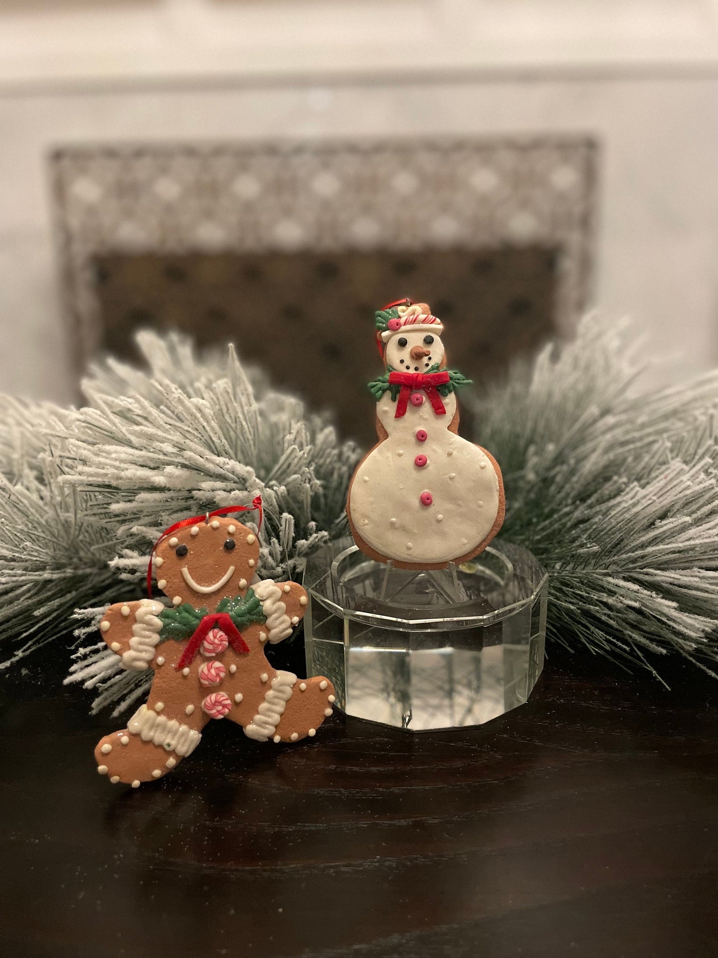 SET of 2. 4" Frosty Gingerbread snowman and cookie ornament.