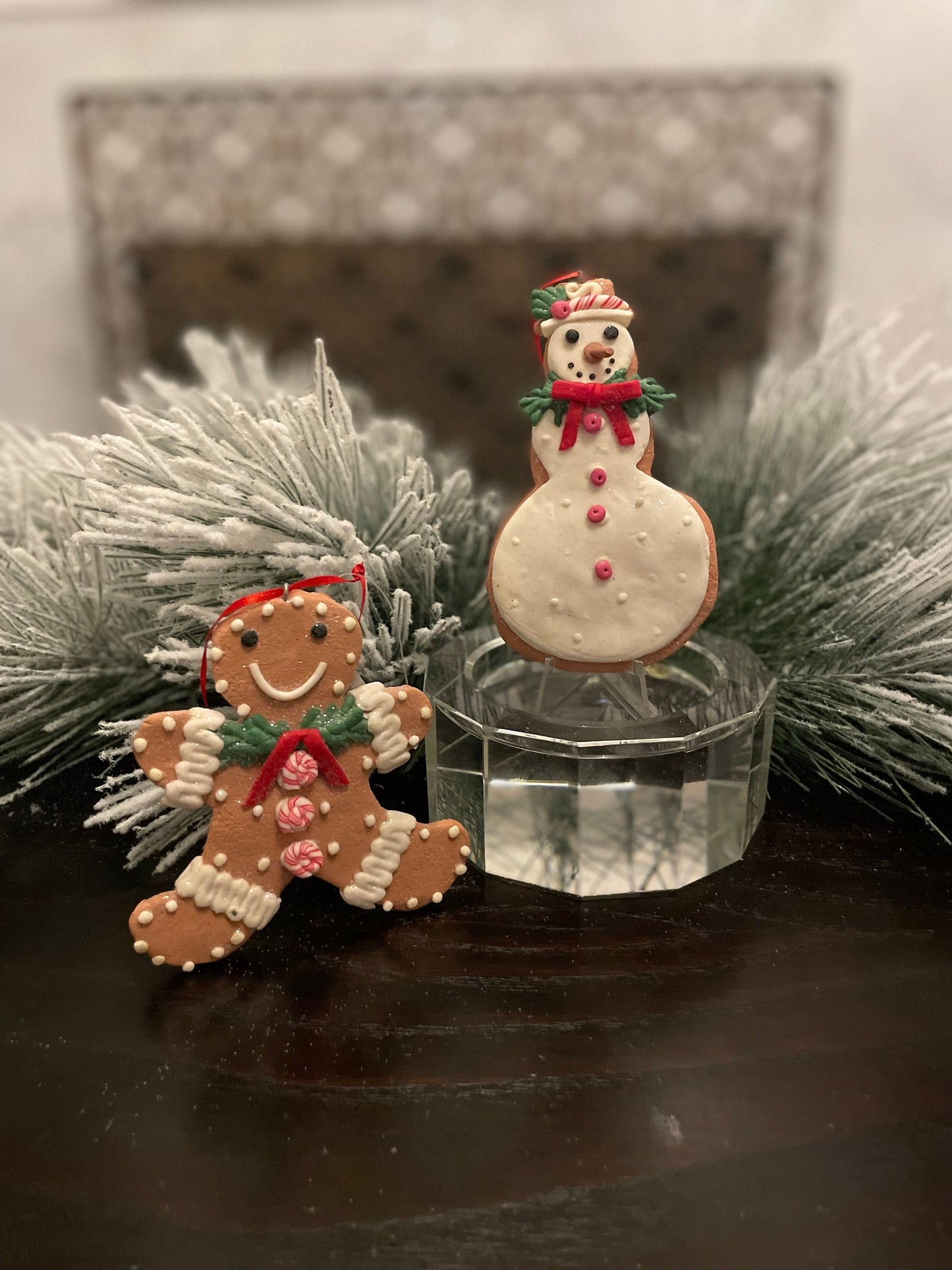 SET of 2. 4" Frosty Gingerbread snowman and cookie ornament.
