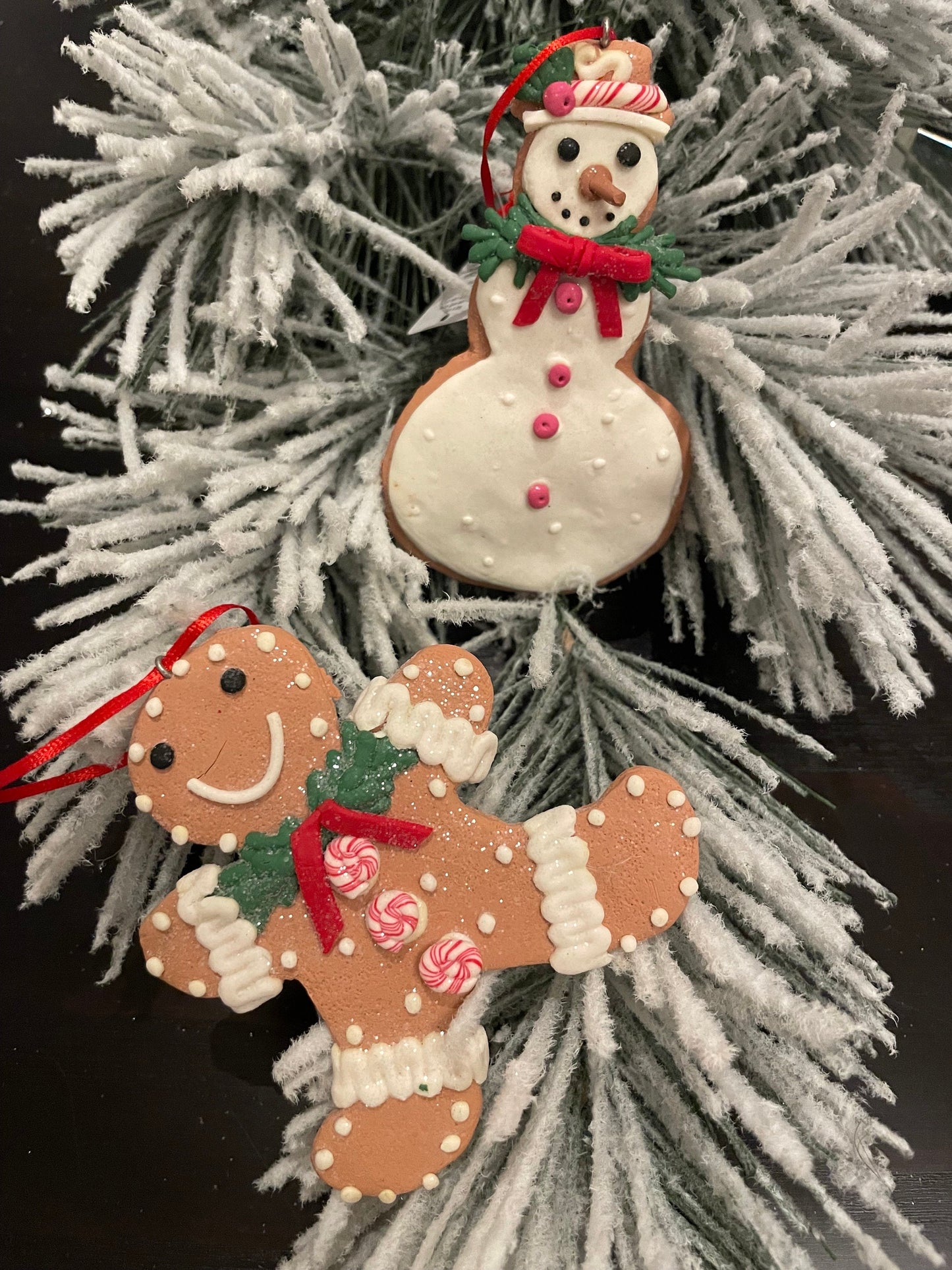 SET of 2. 4" Frosty Gingerbread snowman and cookie ornament.