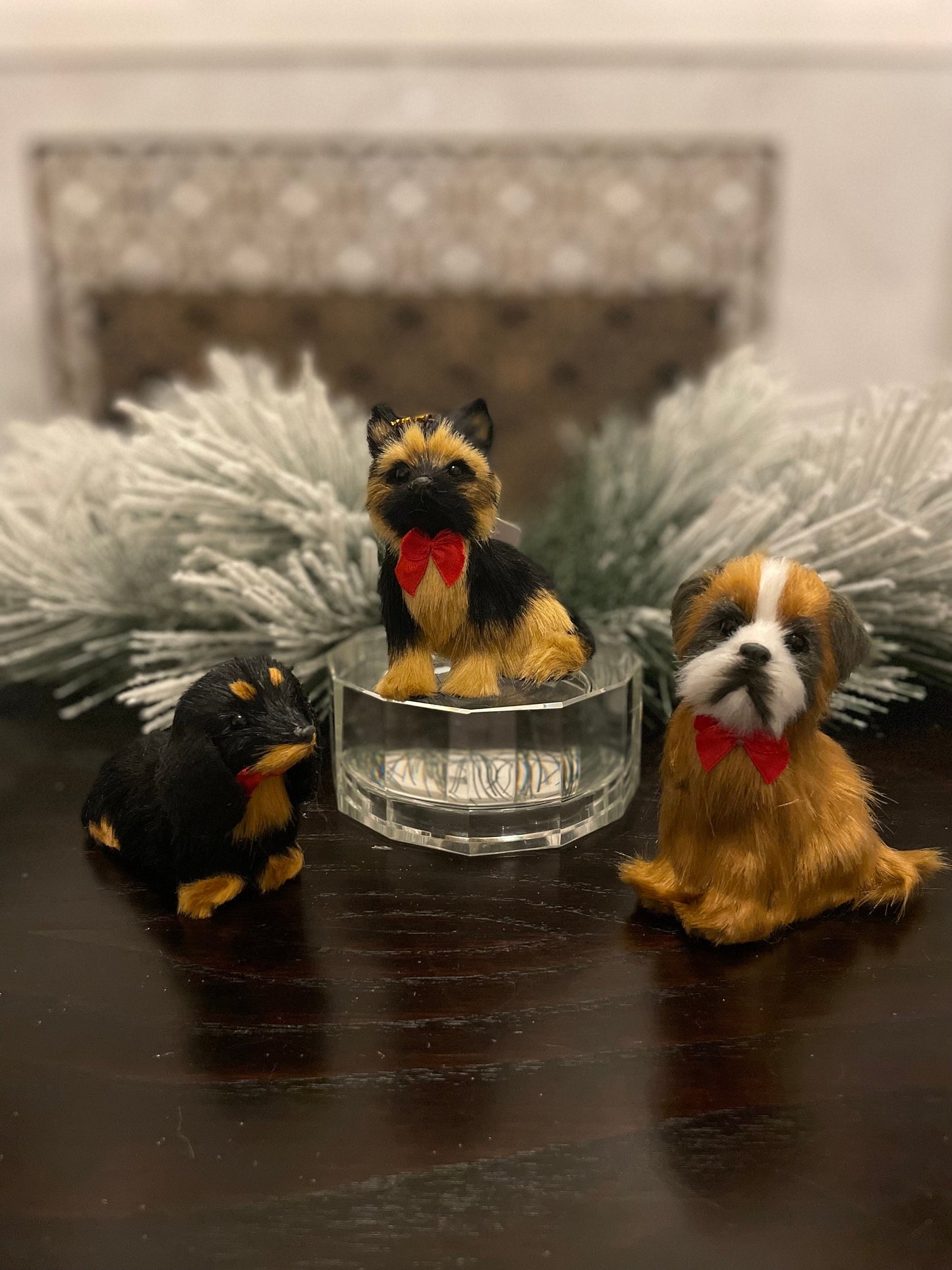Set of 3. 4”-3” faux fur dog, Christmas dog ornament.