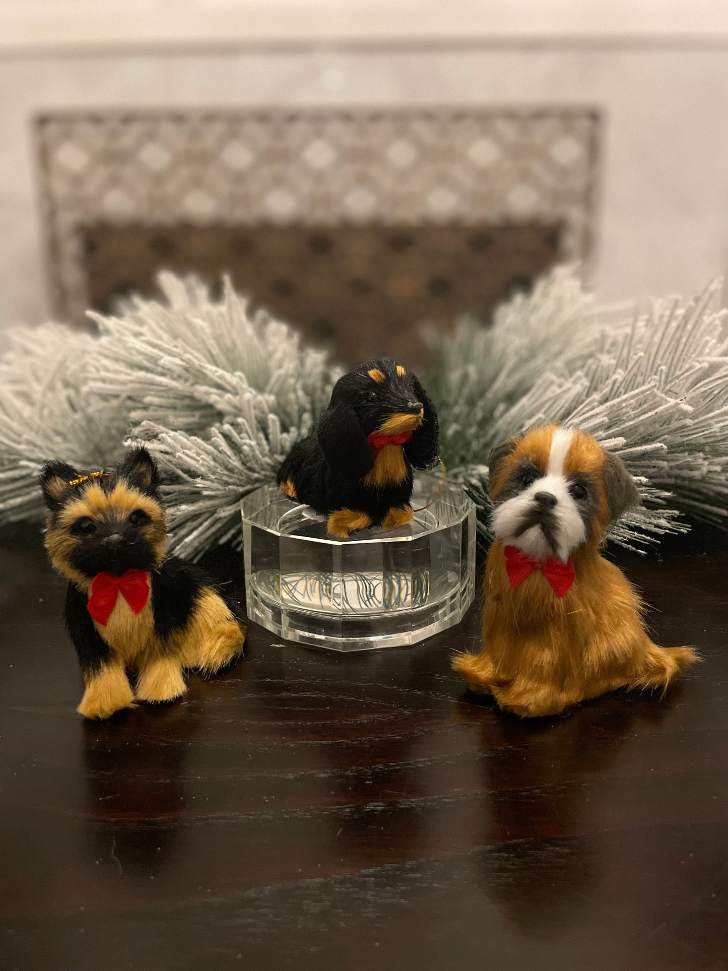 Set of 3. 4”-3” faux fur dog, Christmas dog ornament.