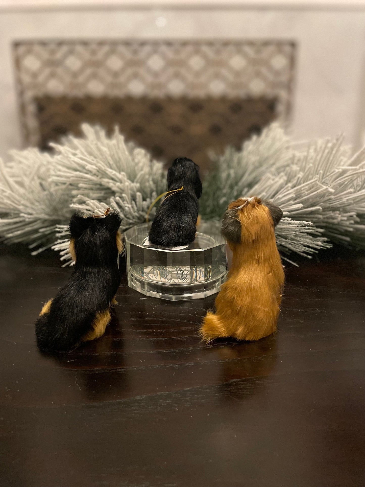 Set of 3. 4”-3” faux fur dog, Christmas dog ornament.