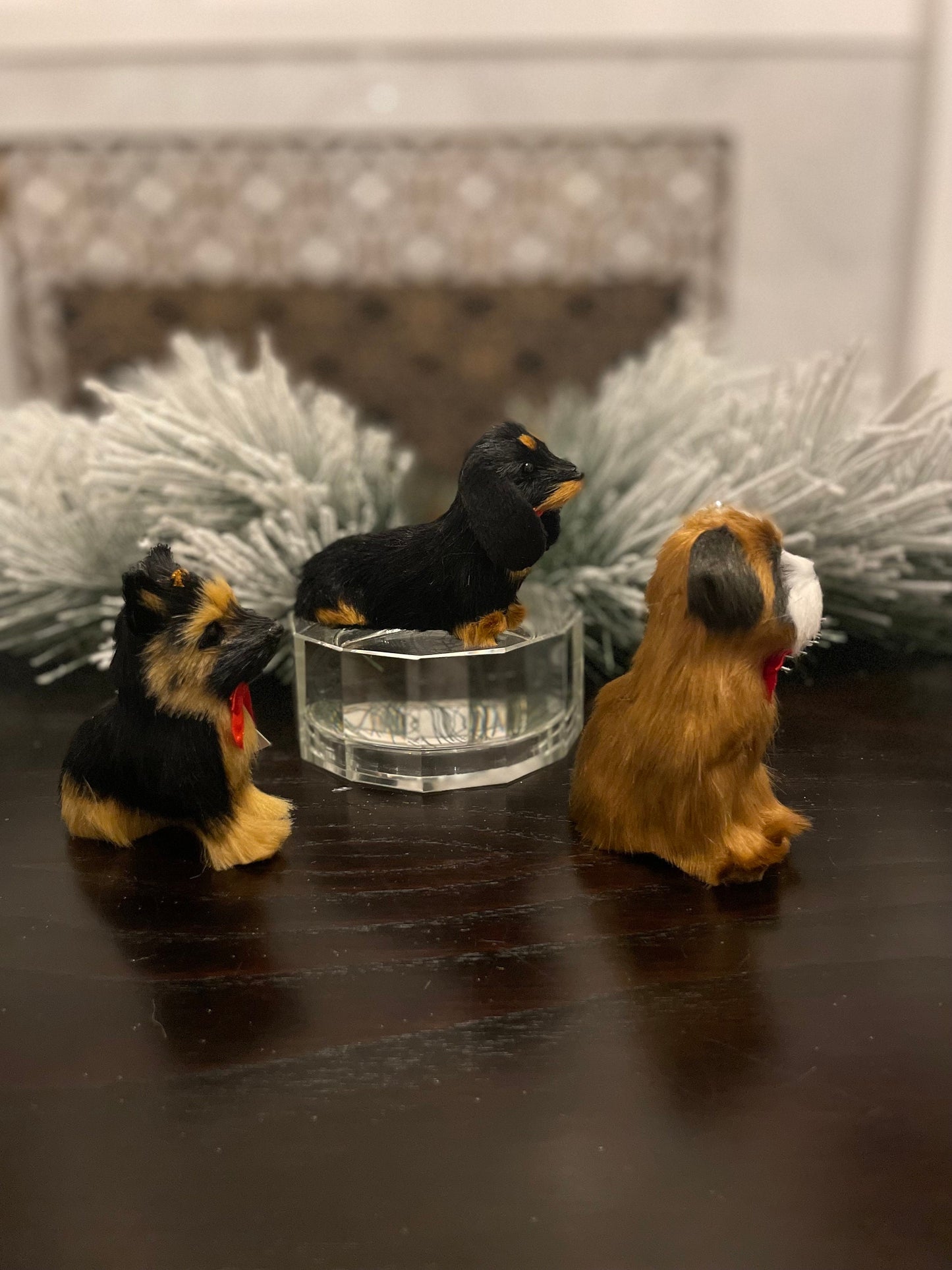 Set of 3. 4”-3” faux fur dog, Christmas dog ornament.