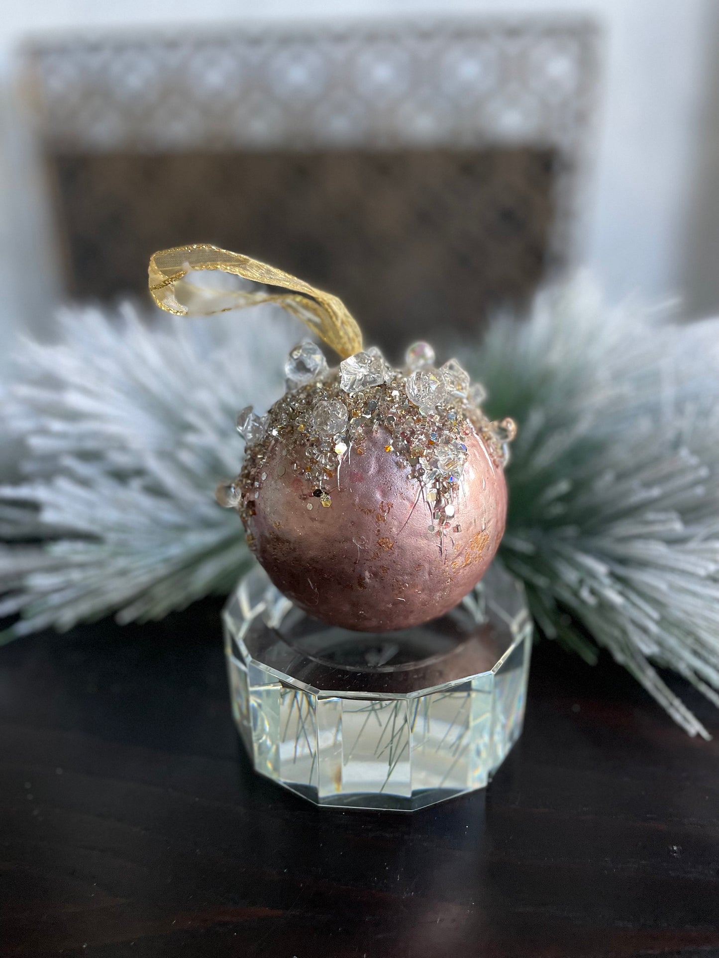 4" heavy jeweled ball ornament pink and rose gold.