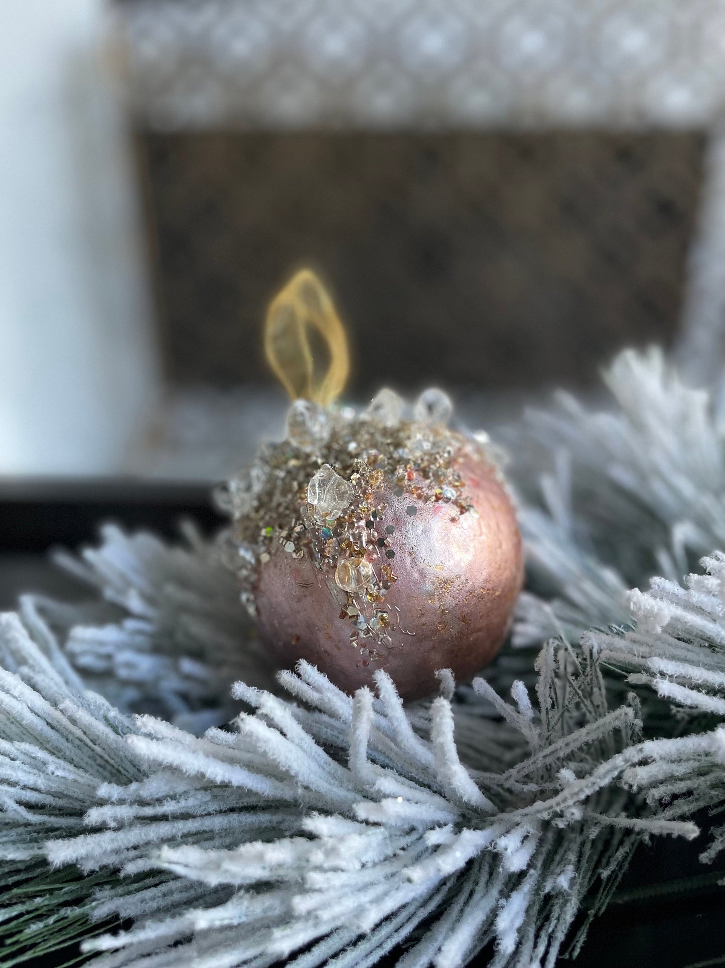4" heavy jeweled ball ornament pink and rose gold.