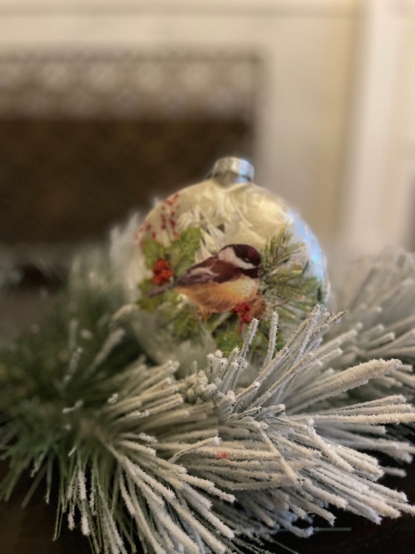 Set of 2. 5.5" Glass chickadee on pine/ berries disc ornament. So beautiful!