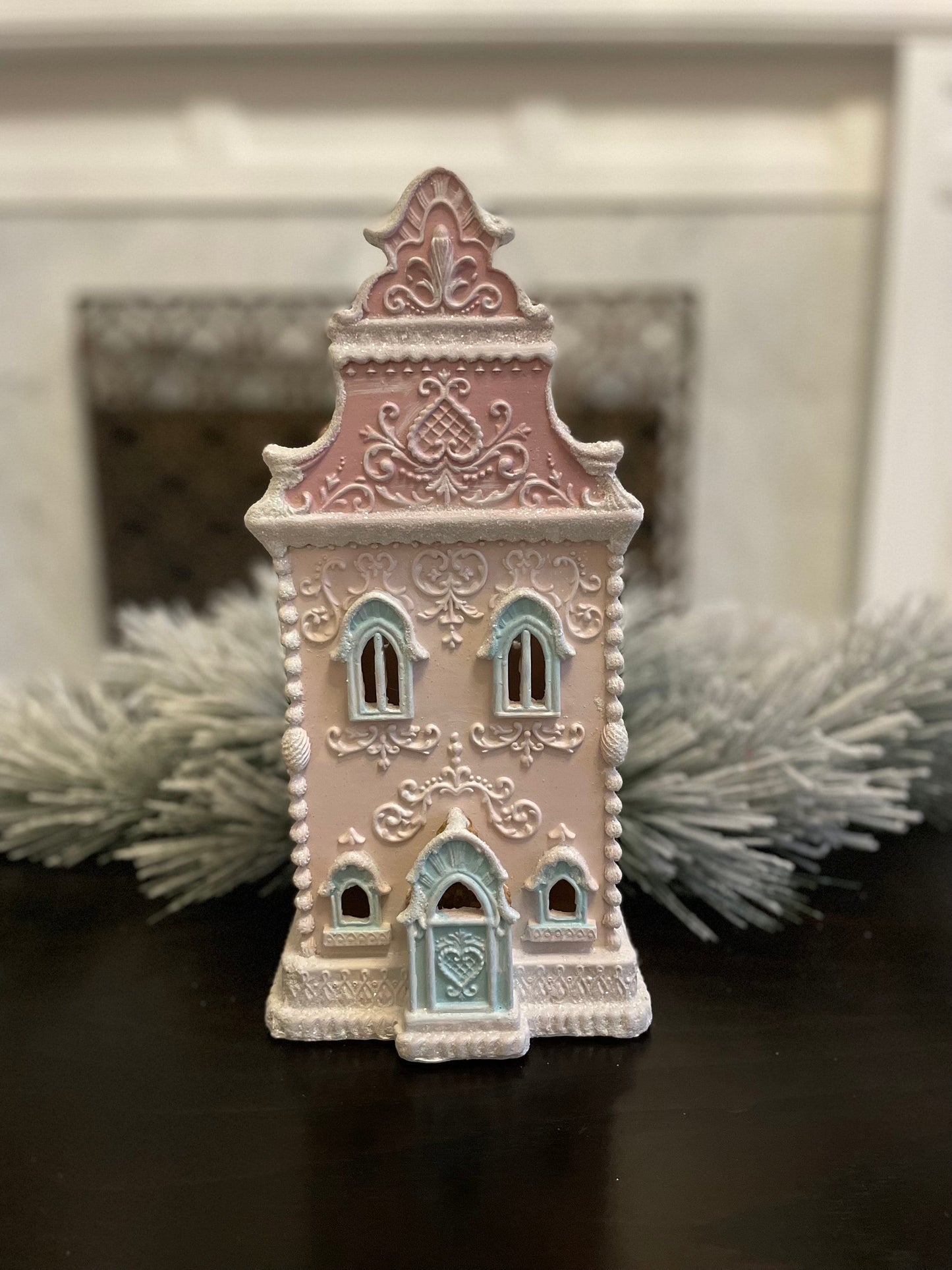 13” Gingerbread lighted house. Pastel pink and blue.