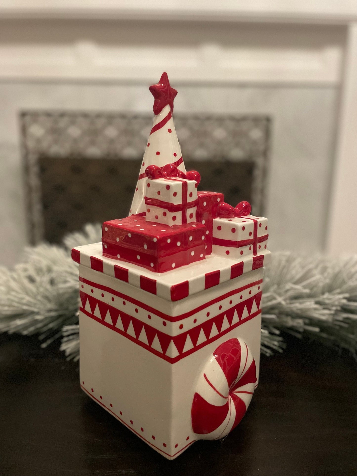 14”h x 6.5” w. Peppermint dolomite cookie jar.