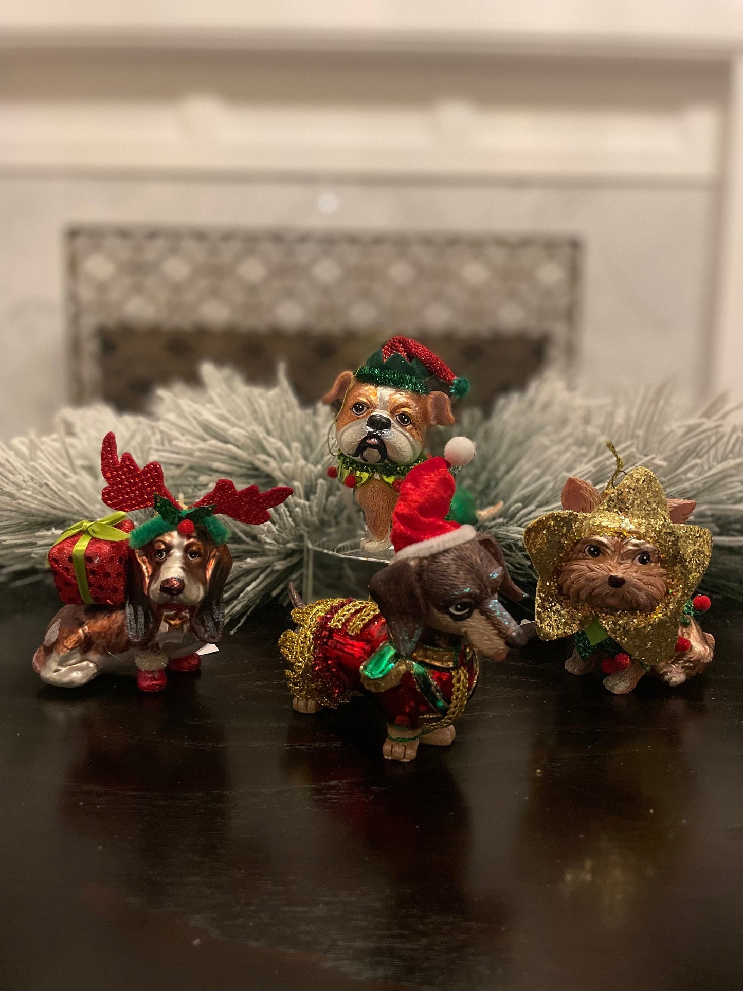 Set of 4. 4" Dogs with Christmas outfit ornament. Glass.