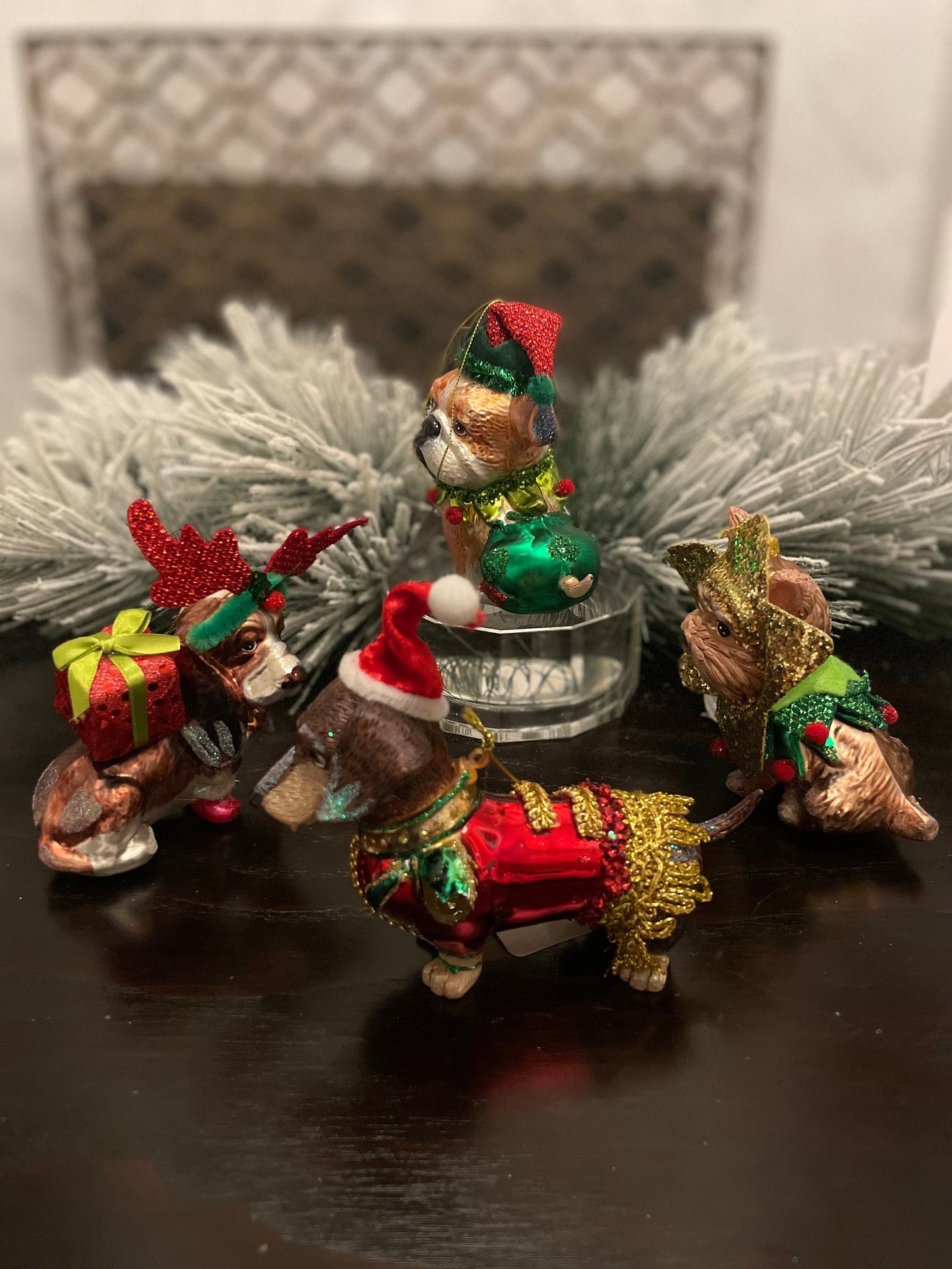 Set of 4. 4" Dogs with Christmas outfit ornament. Glass.