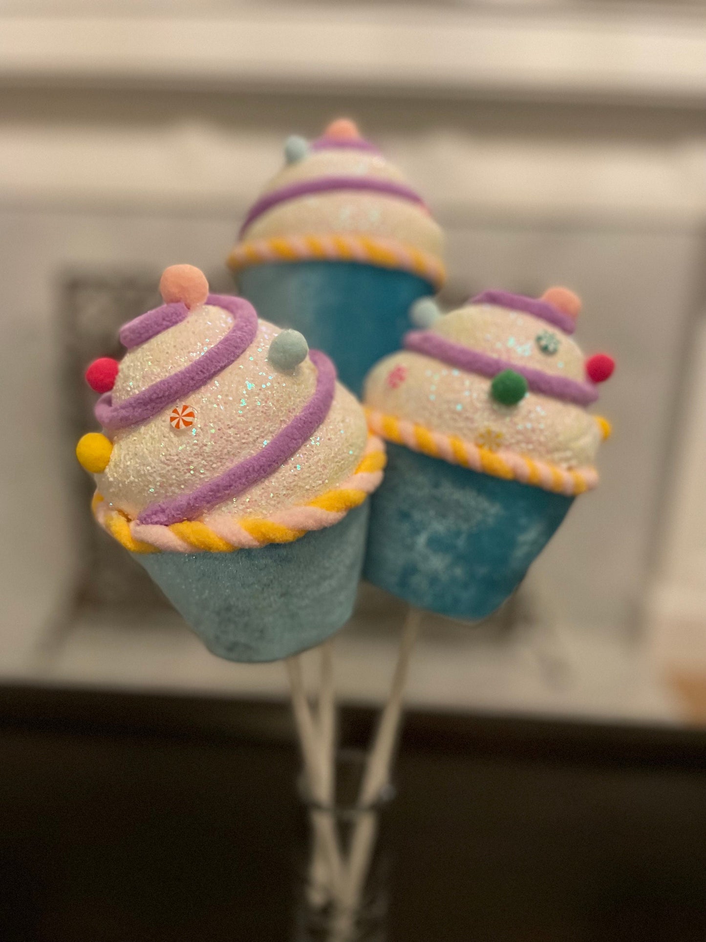 6.5” Blue Cupcake with sprinkles ornament. Set of 3.