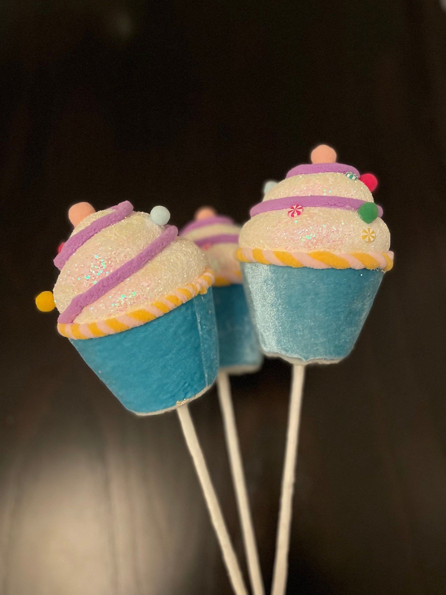 6.5” Blue Cupcake with sprinkles ornament. Set of 3.