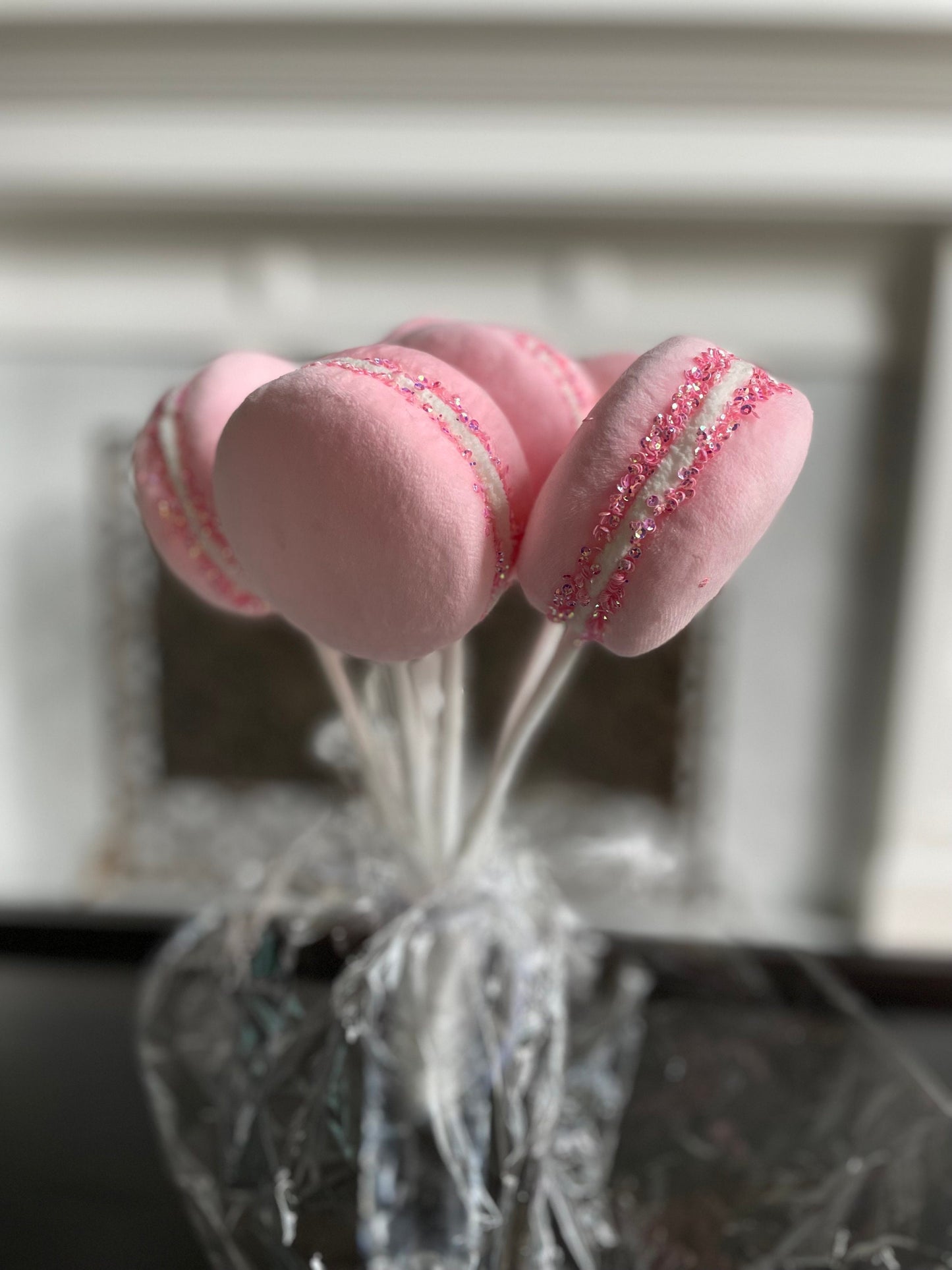 4” Macaroons with sprinkles ornament. Set of 6. Pink.