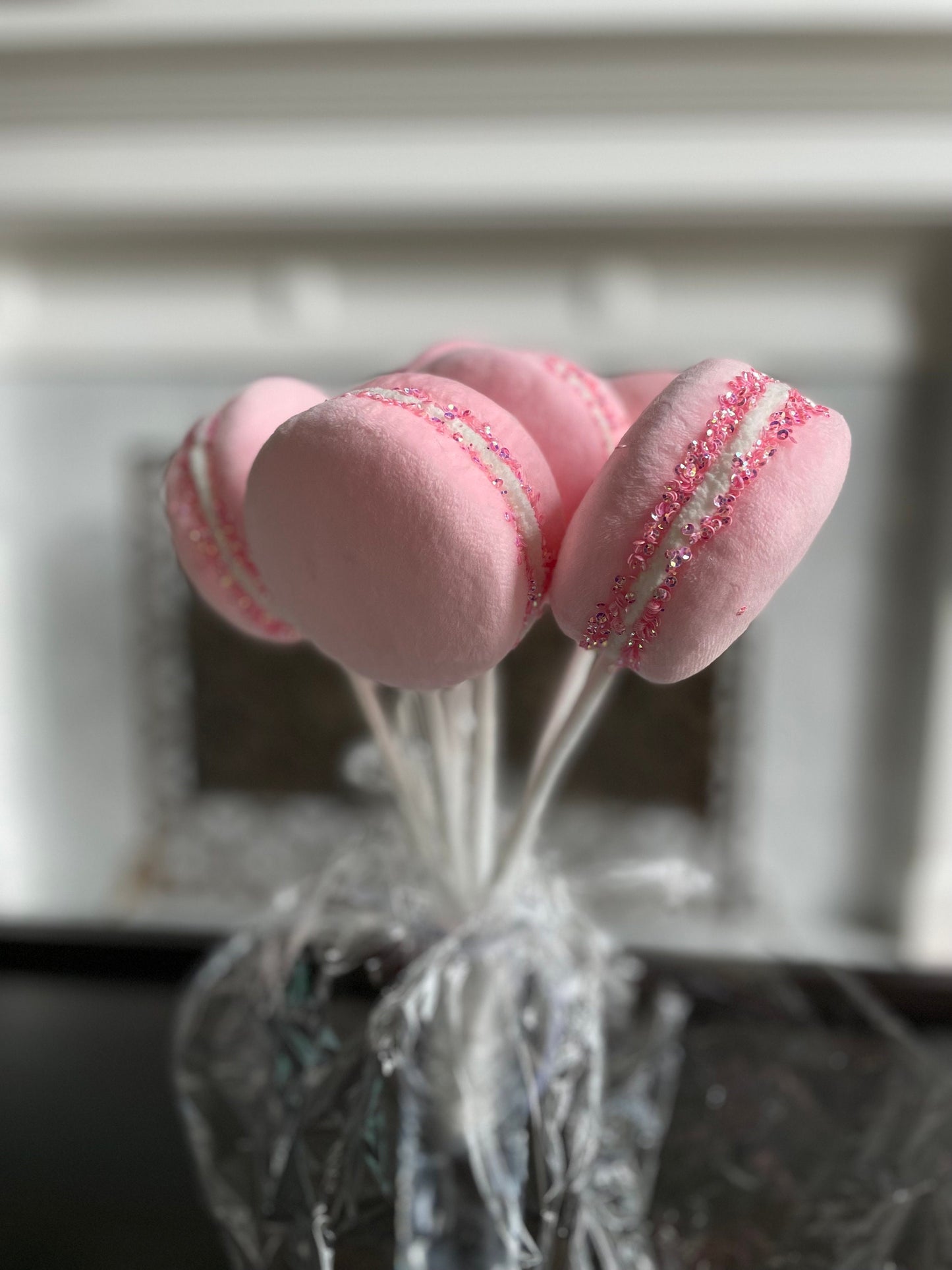 4” Macaroons with sprinkles ornament. Set of 6. Pink.