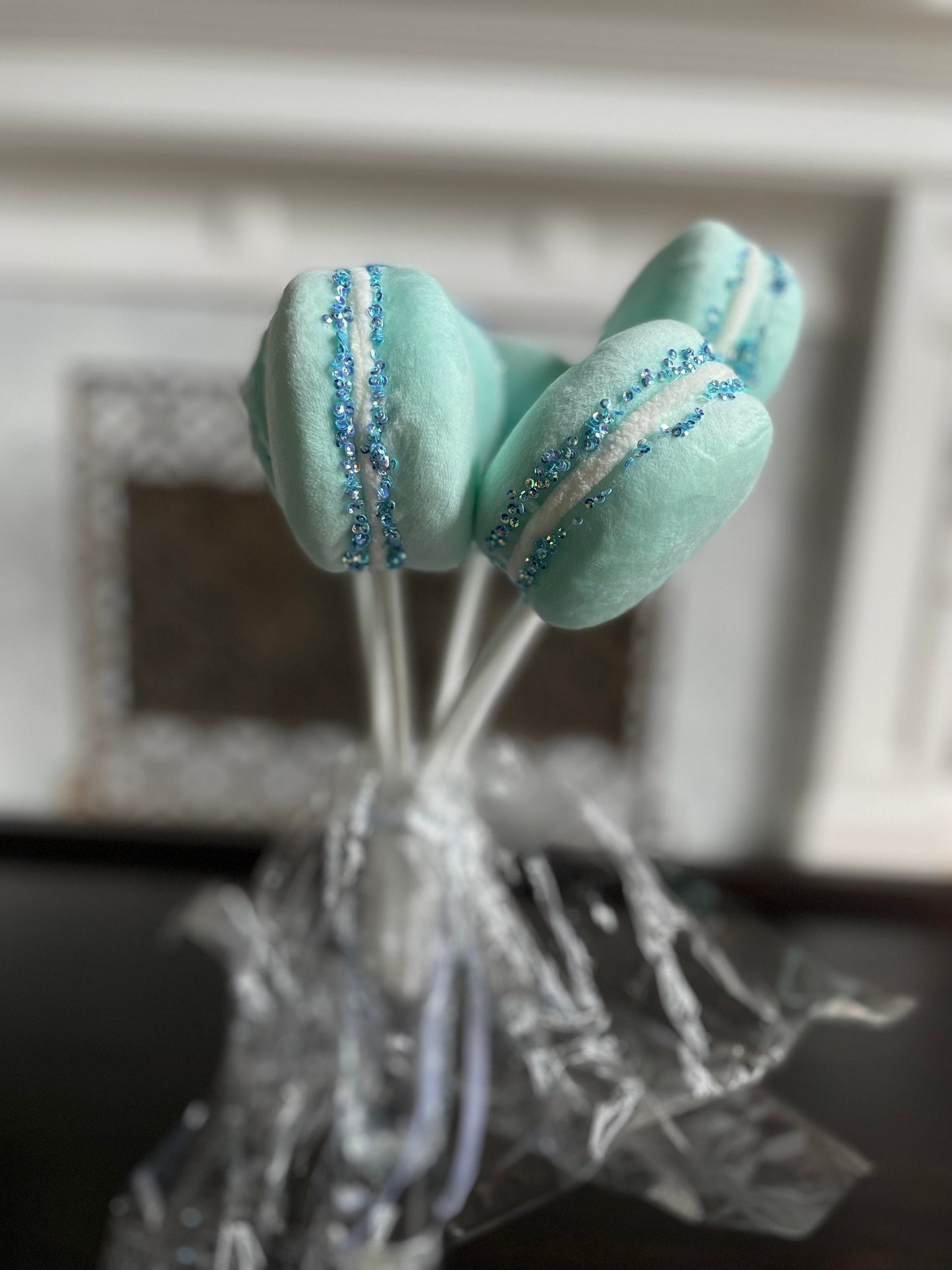 4” Macaroons with sprinkles ornament. Set of 6. Blue.