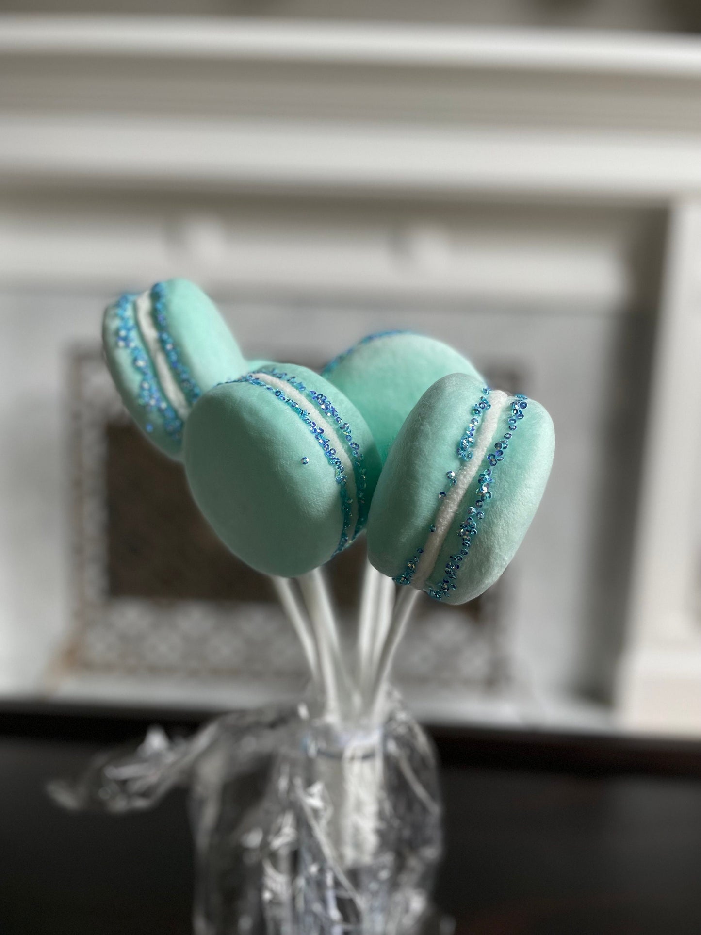 4” Macaroons with sprinkles ornament. Set of 6. Blue.
