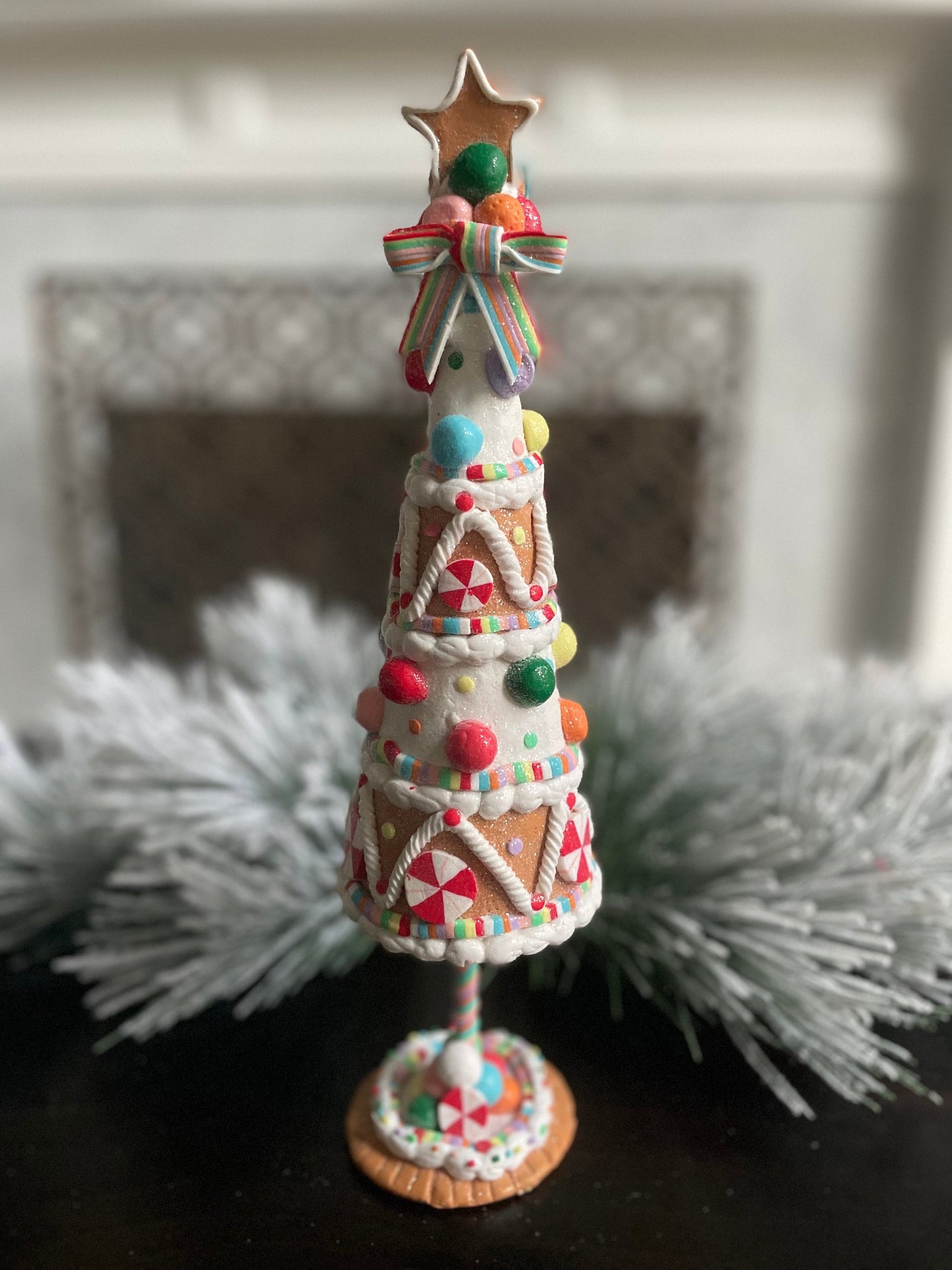 14.5”H x 3.5” W. Claydough gingerbread candy tree. Christmas. Multi color.