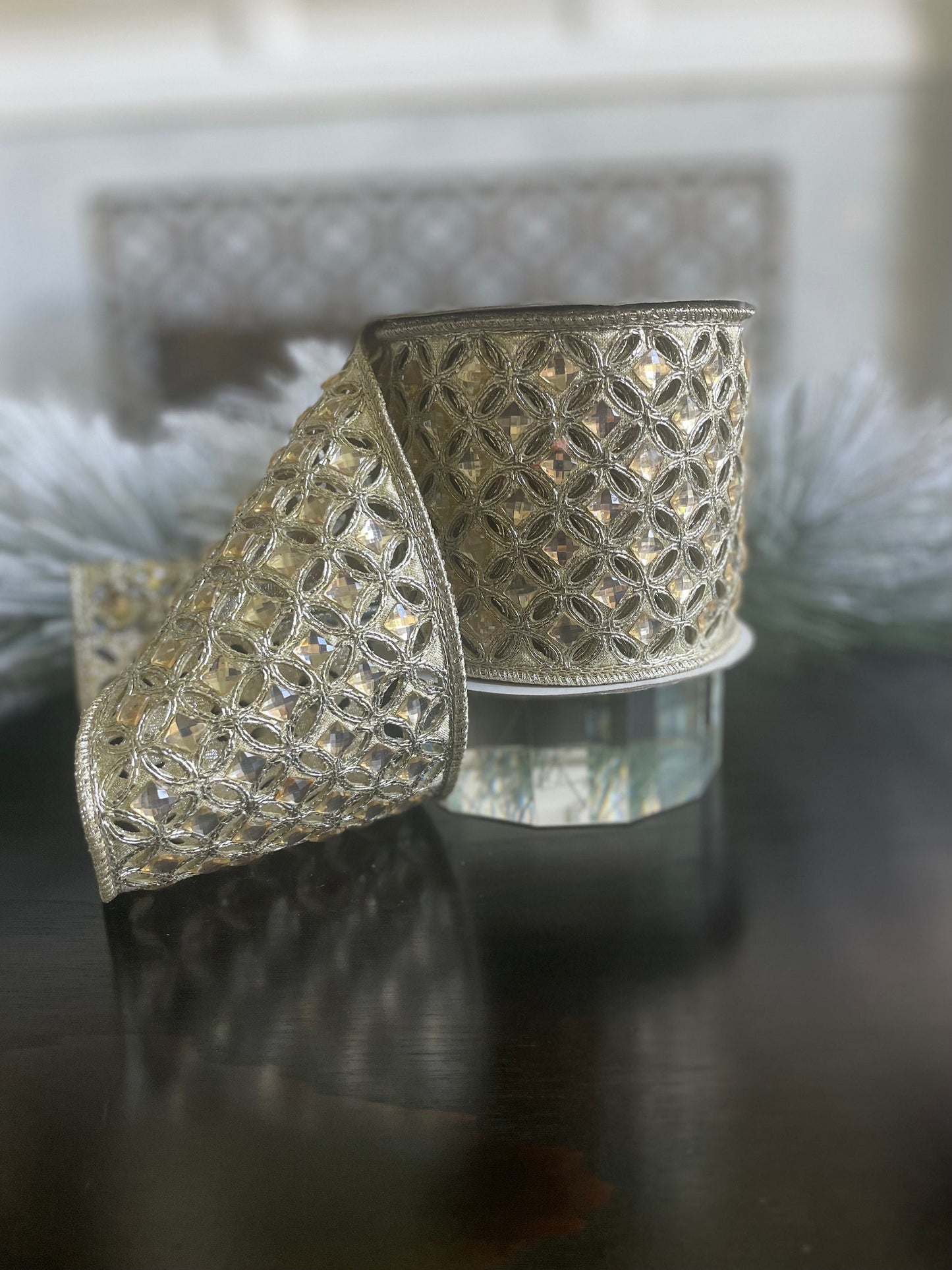 4"x 5 yds. Diamond lace jeweled platinum Christmas wired ribbon. Farrisilk.