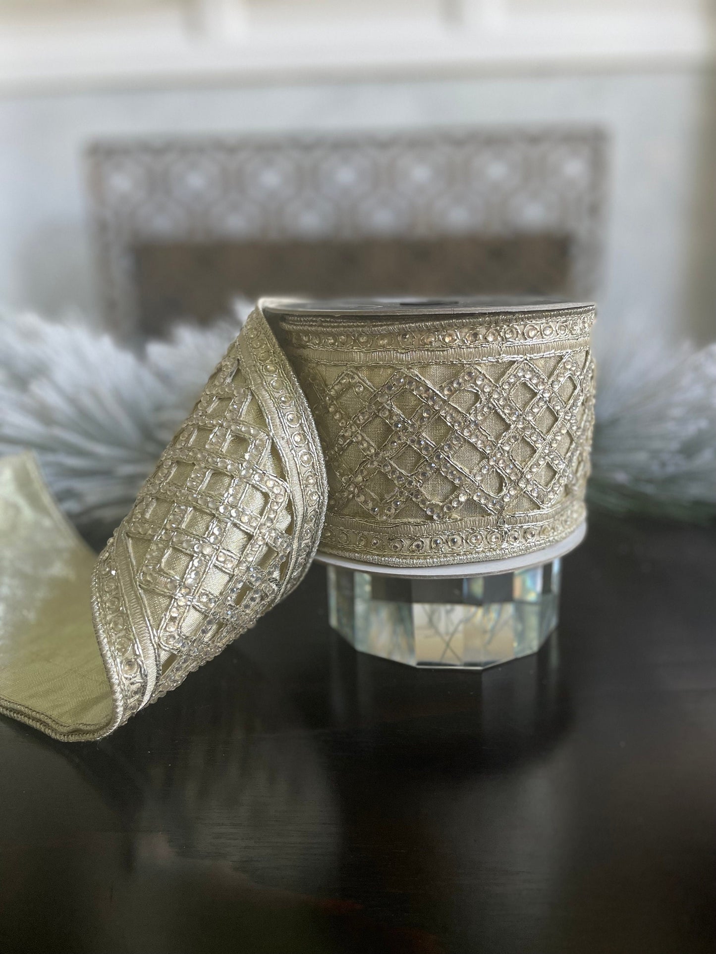 4"x 5 yds. Jewel lattice platinum wired ribbon. Farrisilk.