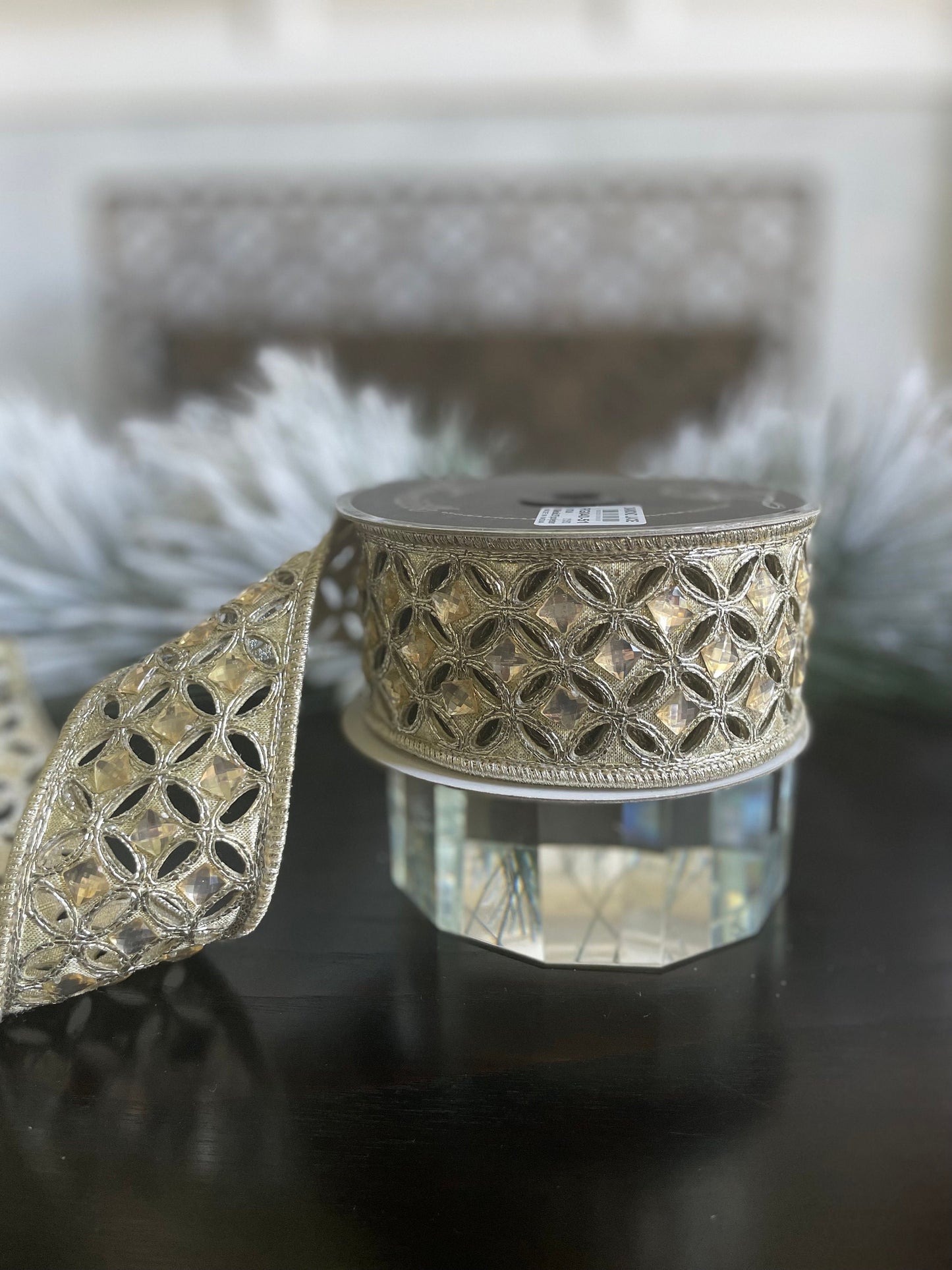 2"x 5 yrds. Diamond lace jeweled platinum Christmas wired ribbon. Farrisilk.