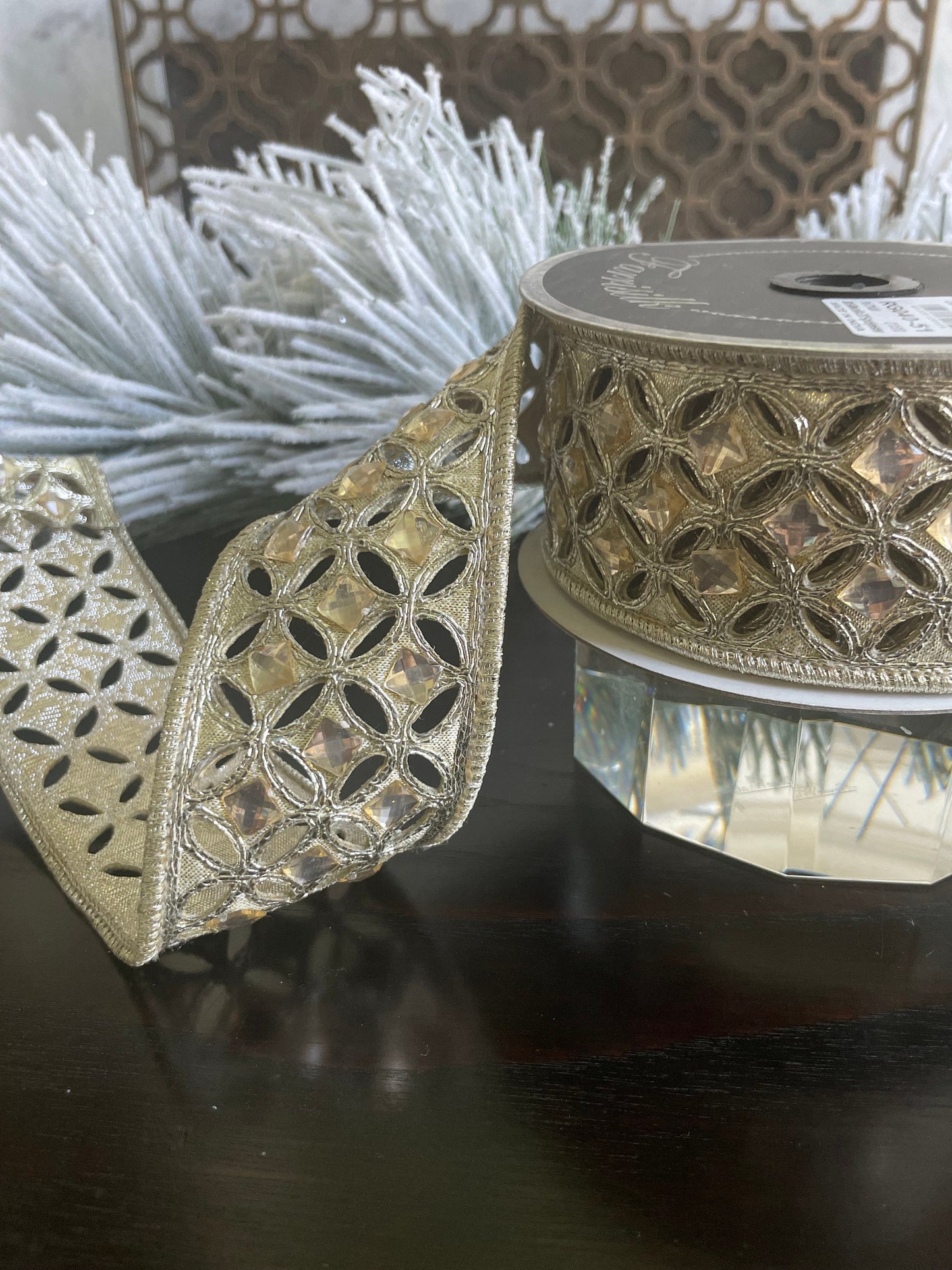 2"x 5 yrds. Diamond lace jeweled platinum Christmas wired ribbon. Farrisilk.