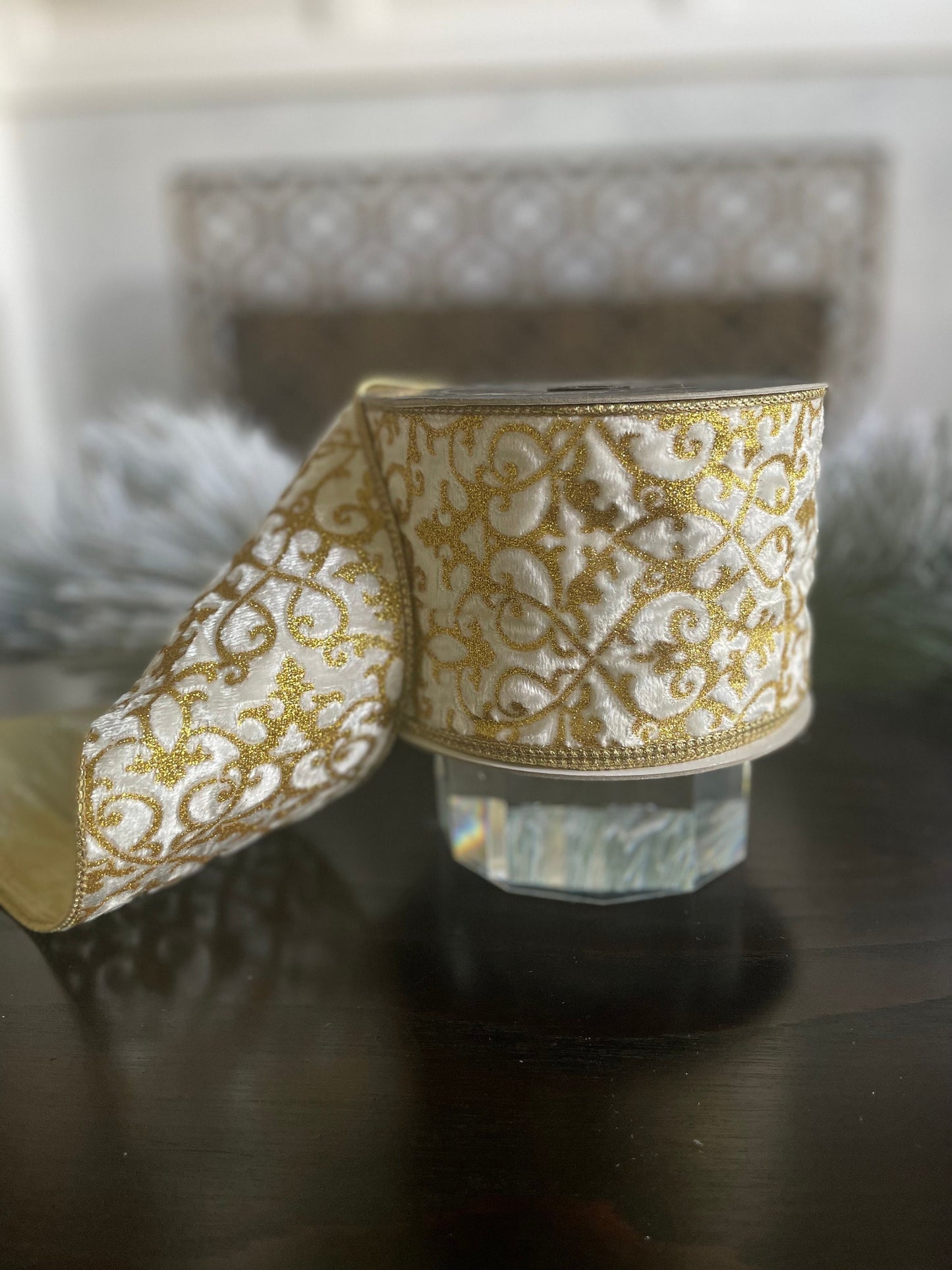 4” x 10 yds. Mini acantus gold and ivory wired ribbon. Farrisilk.