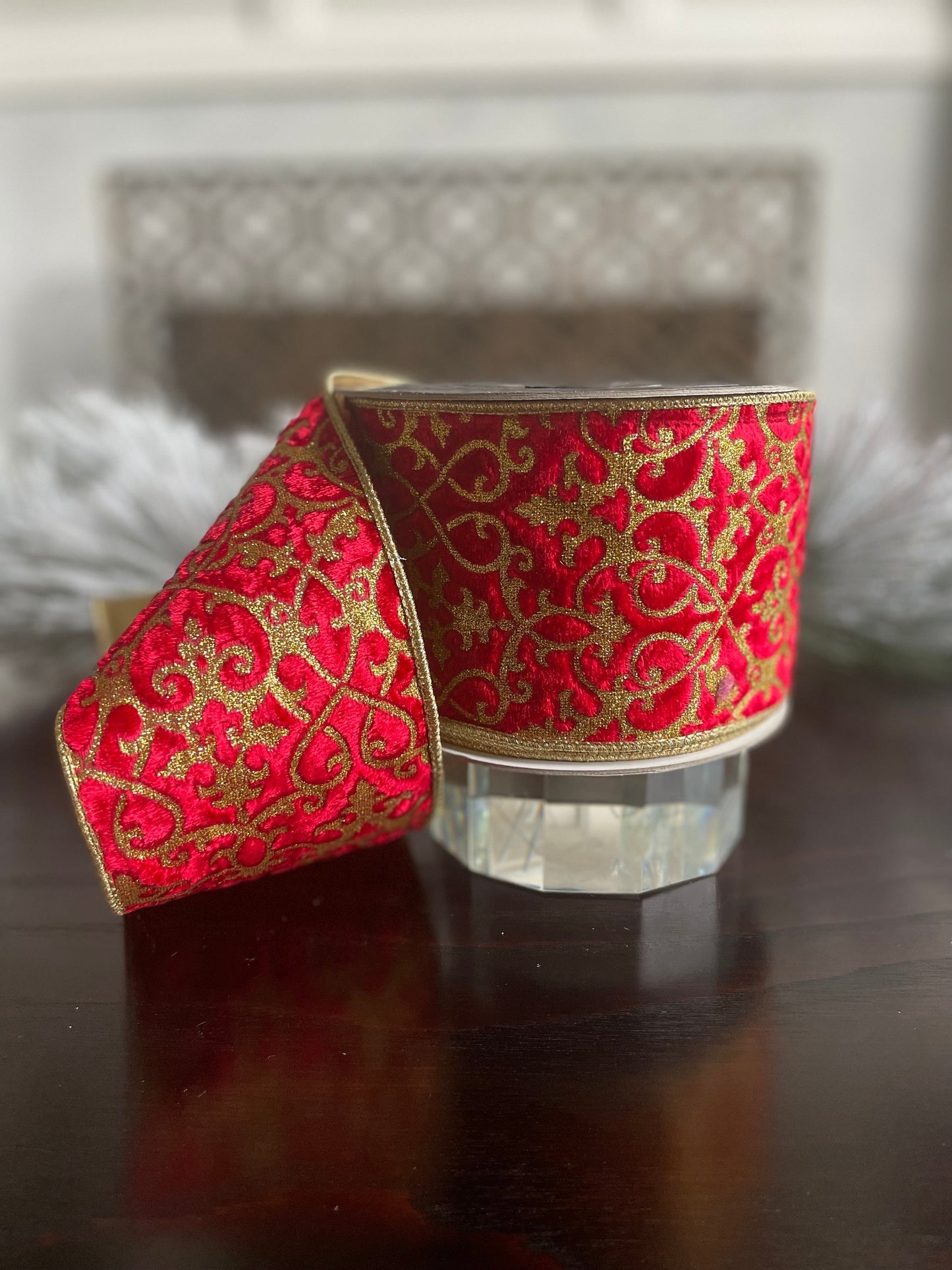 4” x 10 yds. Mini acantus gold and red wired ribbon. Farrisilk.